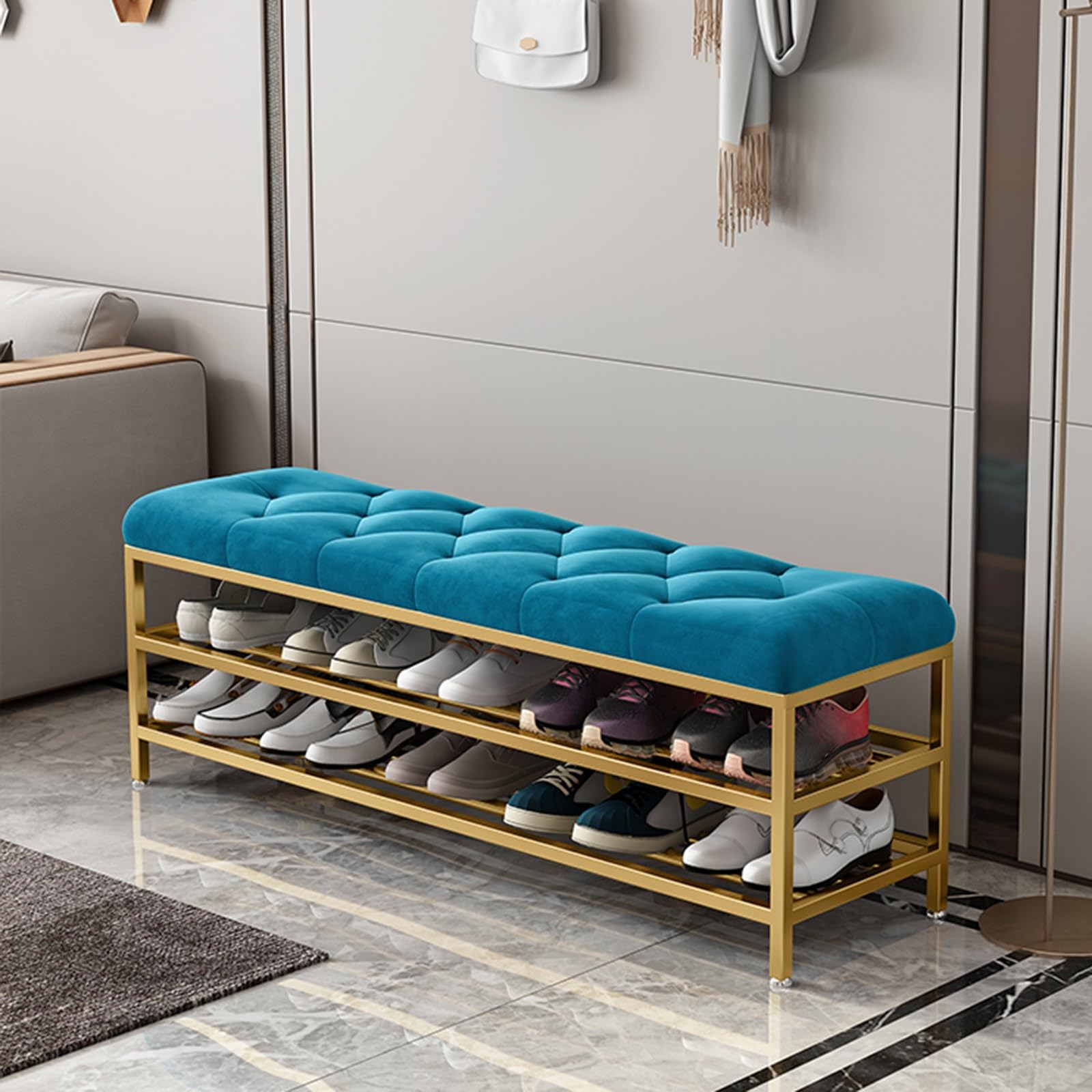 MSHGSKU 3-Tier Upholstered Shoe Bench Metal e Entryway nizer 150kg Load Capacity Ideal for Living Room Hallway & Entry (Blue 80cm)