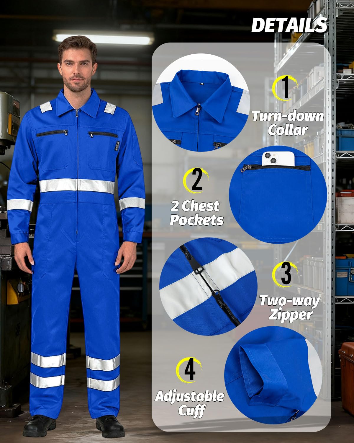 Mono de Trabajo Hombre Reflectante Ropa de Trabajo Mono Traje de Mecanico Alta visibilidad Buzo de Trabajo Pintura Mono Trabajo para Construccion, Azul real, XL