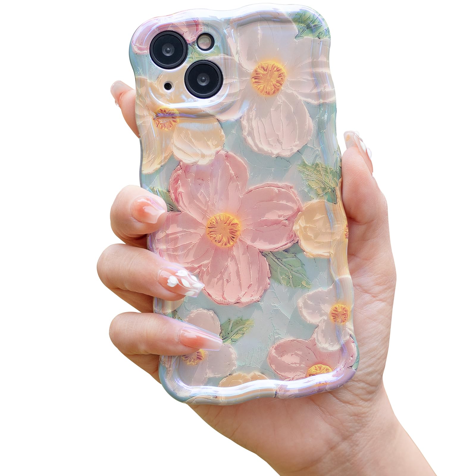 Cute Case for iPhone 13, Colorful Retro Oil Painting Printed Flowers Case, Fashion TPU Floral Laser Beam Glossy Pattern Curly Waves Frame Shockproof Protective Cases Cover for Girls Women