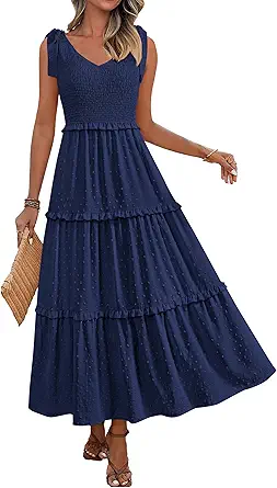 Okiwam Womens Summer Dresses 2025 Sleeveless Tie Strap Maxi Long Flowy Beach Sundresses Boho Swiss Dot Fall Wedding Dresses
