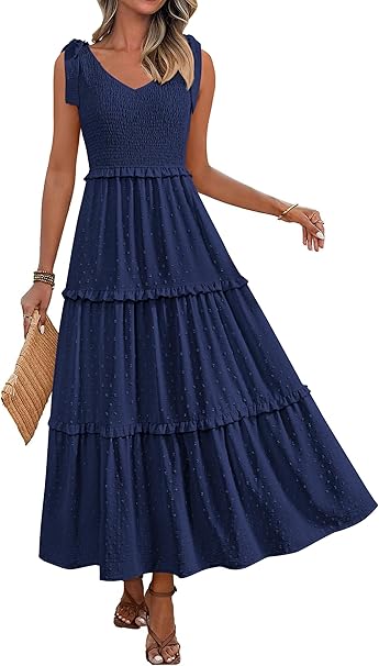 Okiwam Womens Summer Dresses 2025 Sleeveless Tie Strap Maxi Long Flowy Beach Sundresses Boho Swiss Dot Fall Wedding Dresses