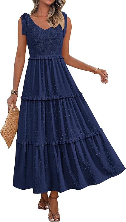 Okiwam Womens Summer Dresses 2025 Sleeveless Tie Strap Maxi Long Flowy Beach Sundresses Boho Swiss Dot Fall Wedding Dresses