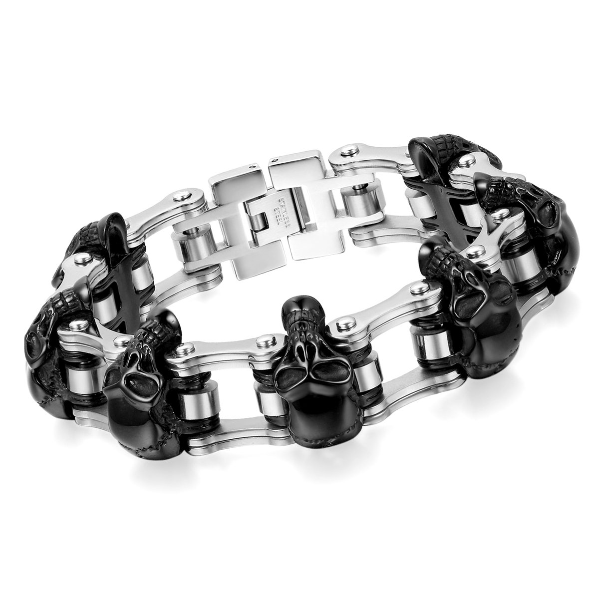 Cupimatch Herren Armband Edelstahl Schädel Armband, 16mm Breite Schwere Edelstahl Totenkopf Fahrradkette Biker Motorradkette Hochglanz Poliert Rock Armreif, Silber Schwarz Gold