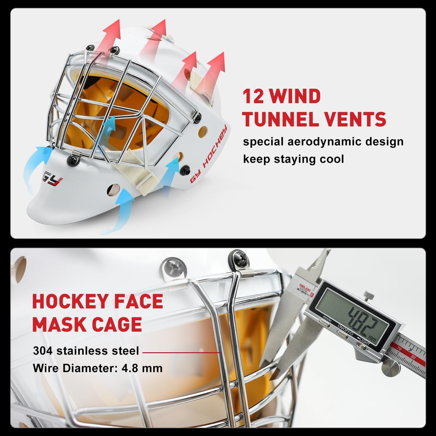 GY Hockey Helmet Combo with Facemask Senior Ice Hockey Goalie Helmet Adult/Cat-Eye Cage, Professional PC & ABS Shell/ 304 Stainless Steel Face Cage/Dual-Layer Lining