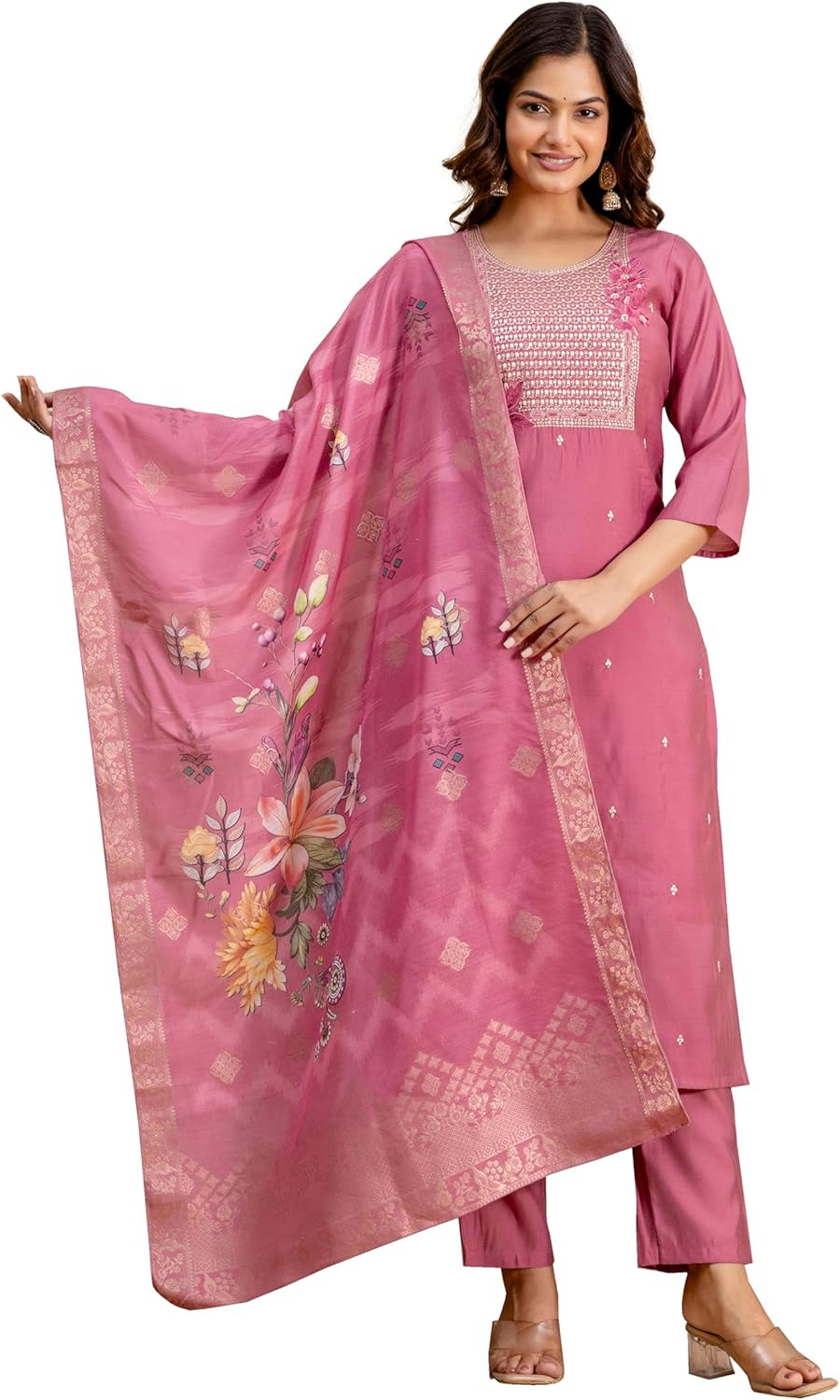 TRENDMALLS Women's Roman Silk Embroidery Sequence Work Kurta Pant with Floral Print Dupatta Set