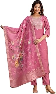 TRENDMALLS Women's Roman Silk Embroidery Sequence Work Kurta Pant with Floral Print Dupatta Set Price In India
