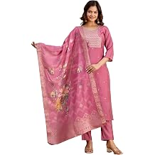 TRENDMALLS Womens Roman Silk Embroidery Sequence Work Kurta Pant with Floral Print Dupatta Set