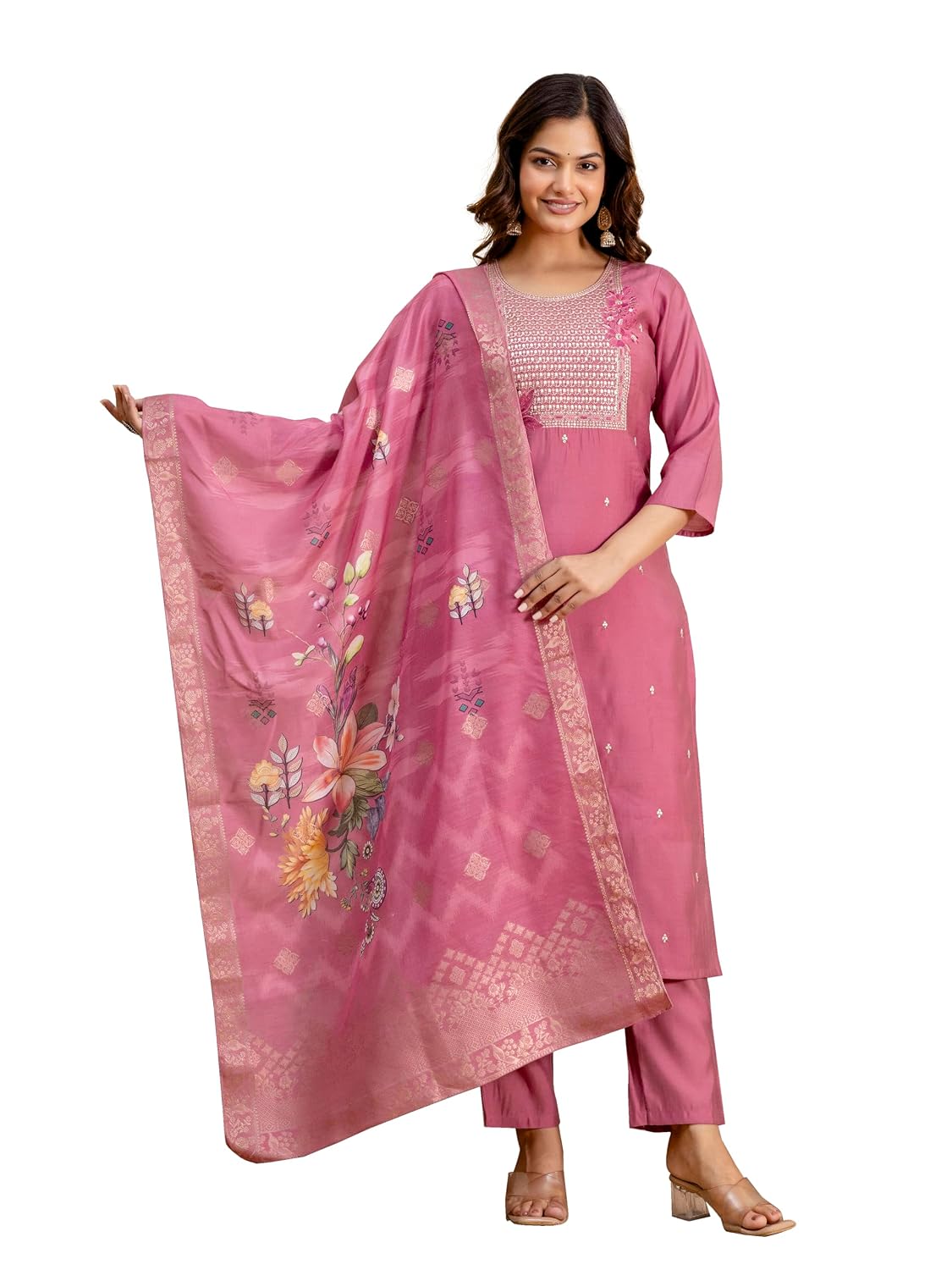 TRENDMALLS Women's Roman Silk Embroidery Sequence Work Kurta Pant with Floral Print Dupatta Set - Review, Price and Buying Guide