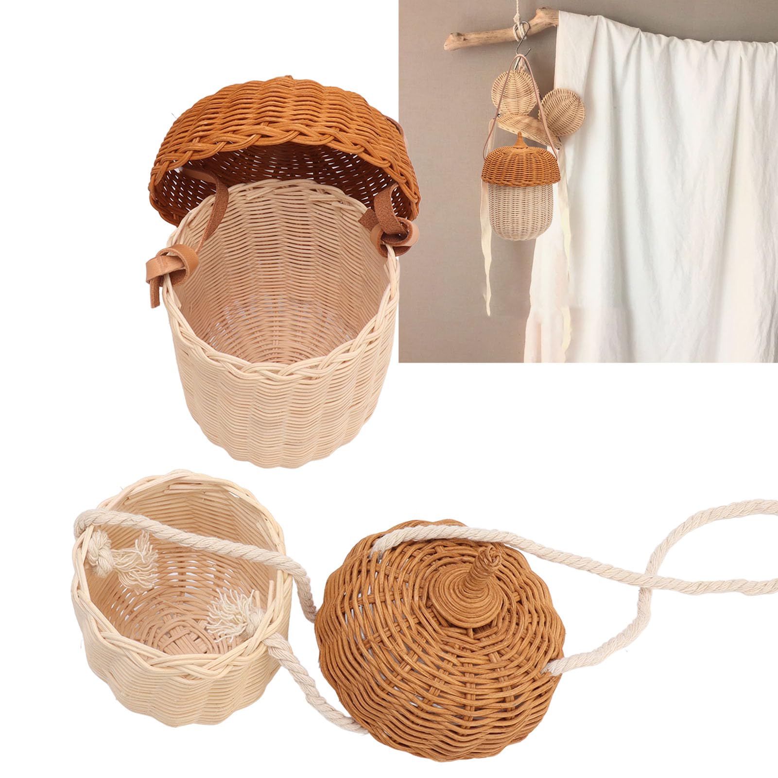 Kids Rattan Storage Basket - Hand Woven Decorative Acorn Shaped Basket Bag for Boys Girls Photography Props(Large Handbag)