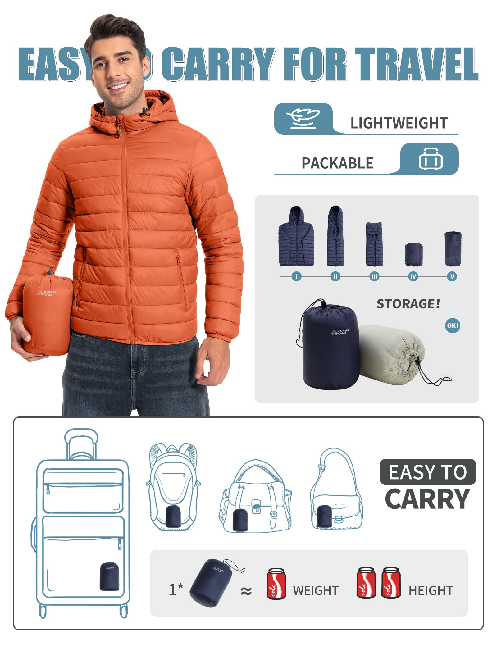 Pioneer Camp Veste matelassée légère et pliable à capuche pour homme - Veste d'hiver thermique bouffante pour course à pied et voyage