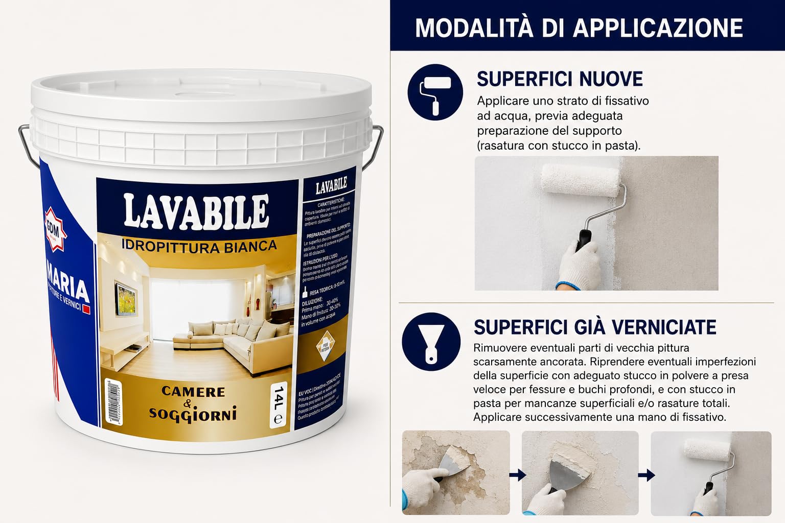 GDM 600008600010229 IDROPITTURA Ideale per CAMERE E SOGGIORNI, Bianco, 14 l (Confezione da 1)