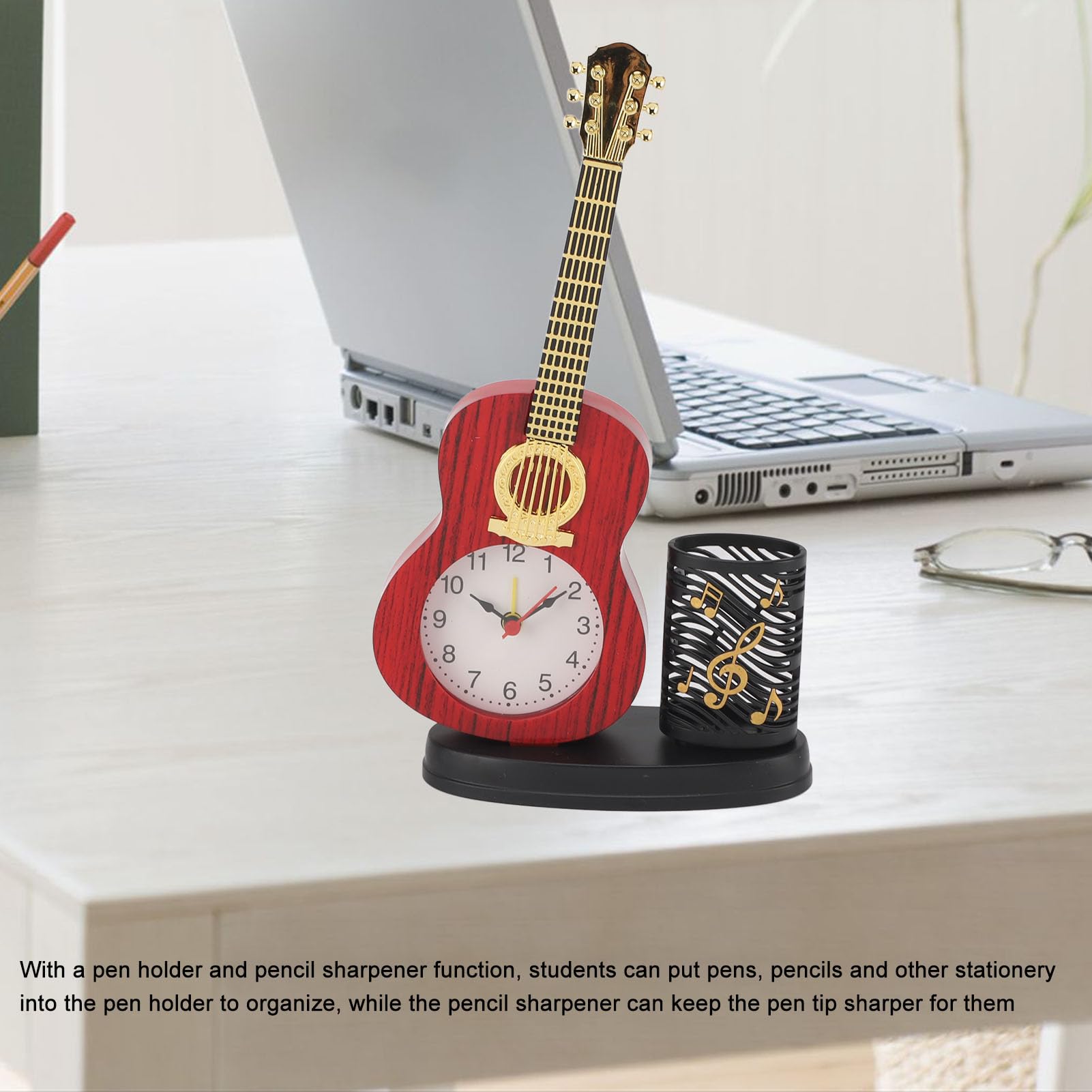 Generic Desk Clock, Multifunctional Decorative Desk and Shelf Clock Guitar Alarm Clock Table Clock Shelf Clock Vintage Rugged Guitar Clock with Pen Holder Pencil Sharpener for Home Desk