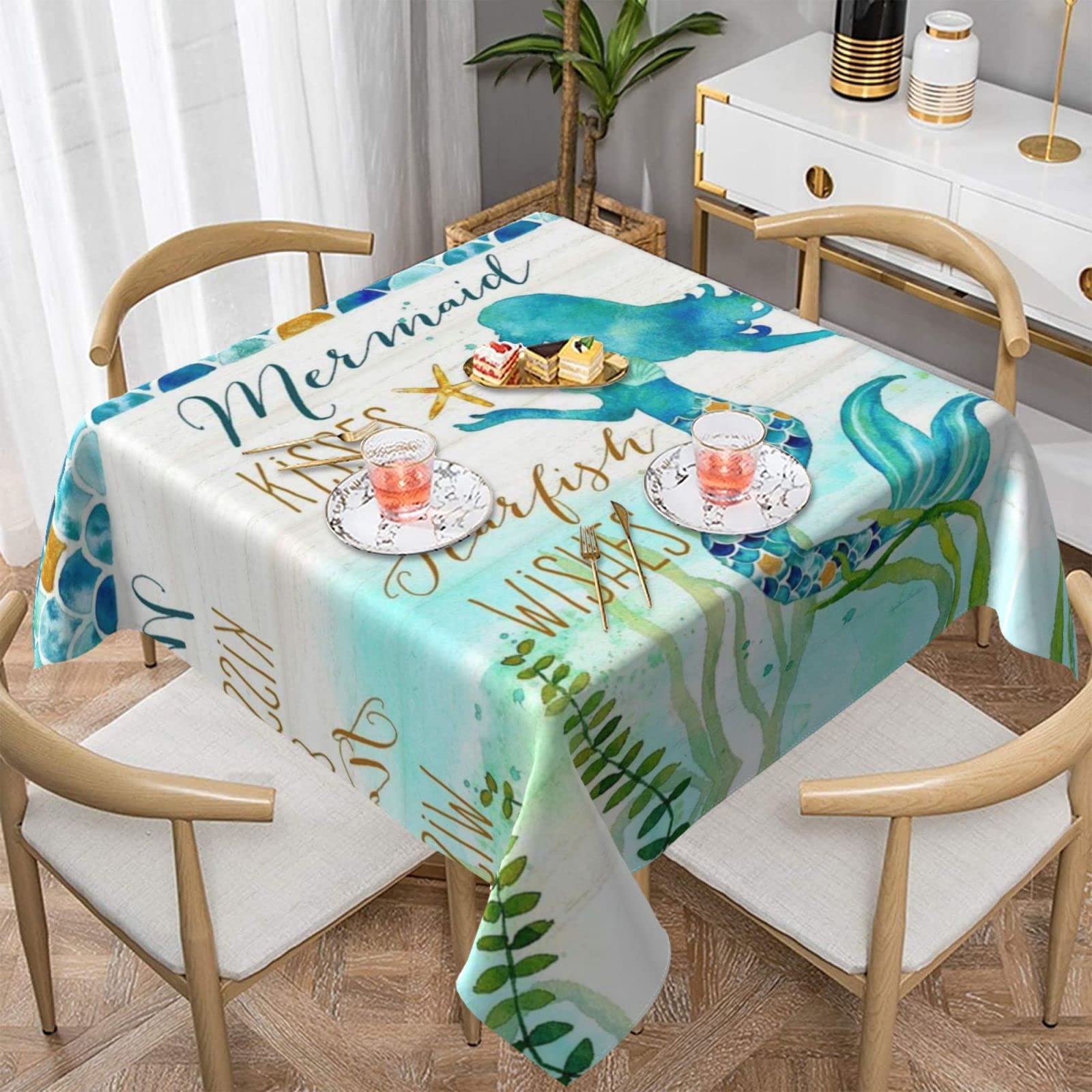 Lawenp Mermaid Square Wrinkle-Free Table Cloth Cover Table Decorative for Wedding Dinning Party Banquet Tabletop