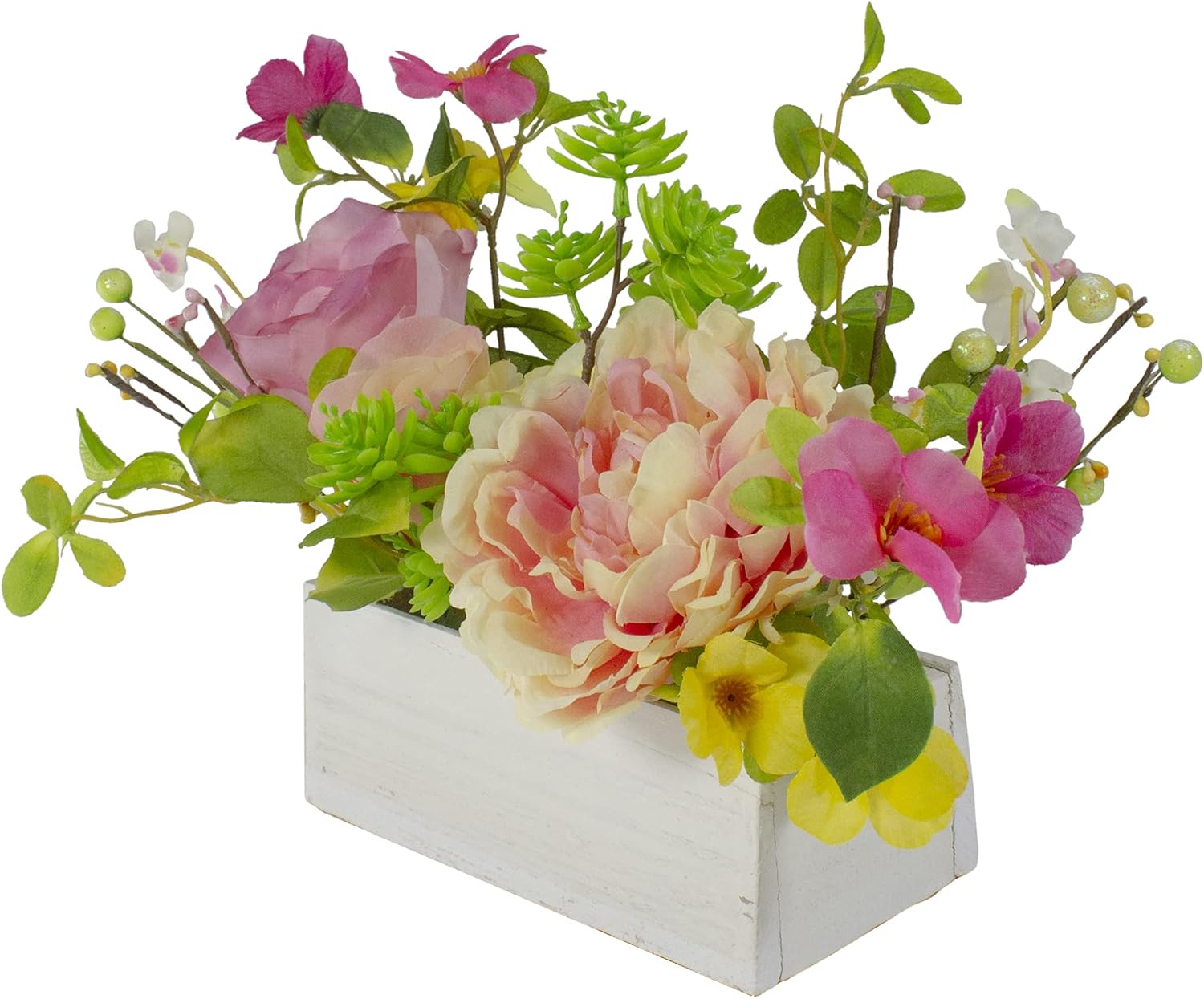 Northlight Artificial Roses and Peony Floral Arrangement in Planter - 14" - Pink and Yellow