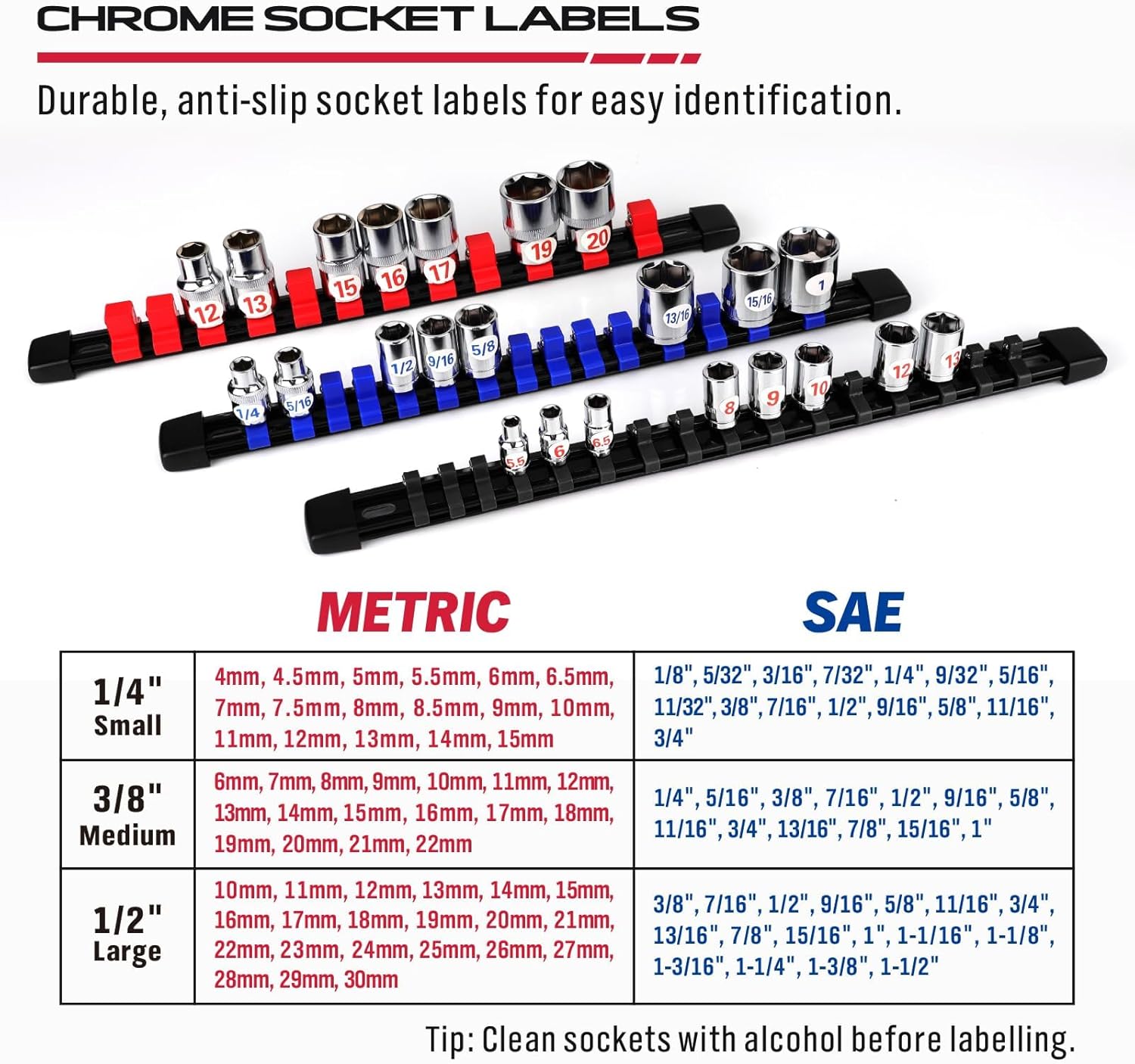 Socket Organizer Holder Tool Box: 6-piece Socket Holders 1/4 X 32 Clips 3/8 X 30 Clips 1/2 X 24 Clips Socket Rail Heavy Duty Holder W Socket Labels Socket Organizer For Tool Box Drawer 9pcs