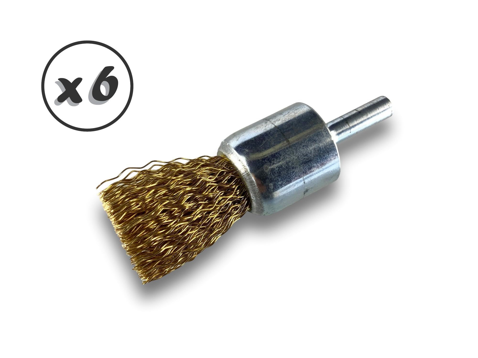 Metalowa szczotka obrotowa z końcówką Ø 22 mm | Zestaw 6 sztuk | Kształt pędzla na trzonku Ø 6 mm | Nici mosiężne Ø 0,30 mm twarde | Do wiertarki lub wkrętarki z uchwytem | Kibros 20LT22x6