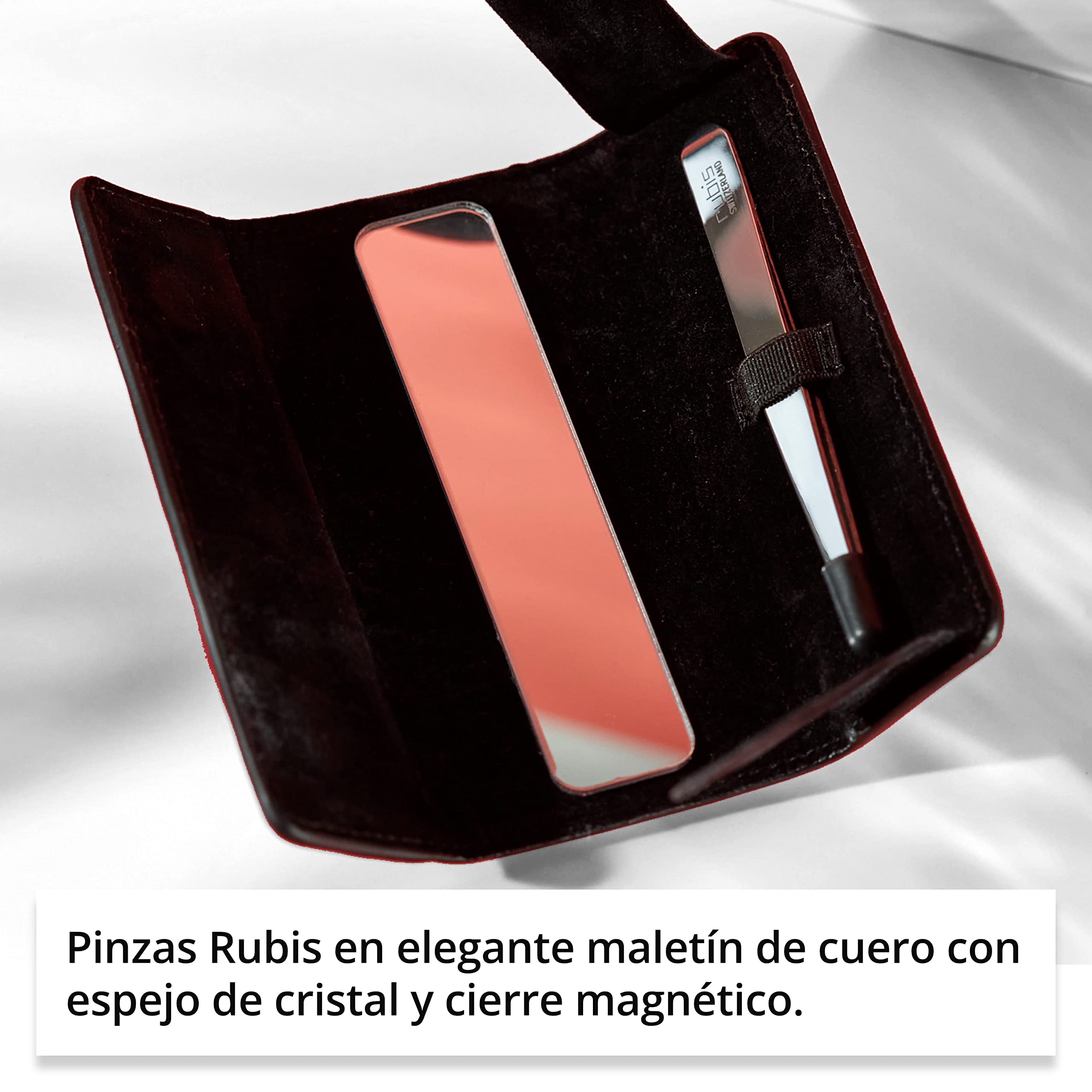 Rubis Pinzas - Pinzas para cejas oblicuas en cuero rojo pinzas estuche con bolsos espejo para viajes - punta oblicua para depilación