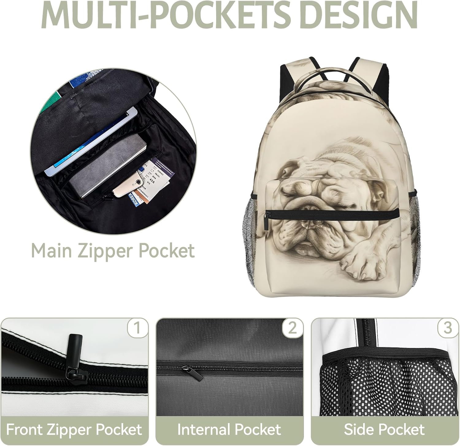 Sleeping Bulldog Sketch Backpack for Travel Work School Sports Gifts, Durable Polyester Lightweight Camping Hiking Artistic Pencil Drawing Dog Backpacks Bookbag for Women Men Girls, 15.7 Inch