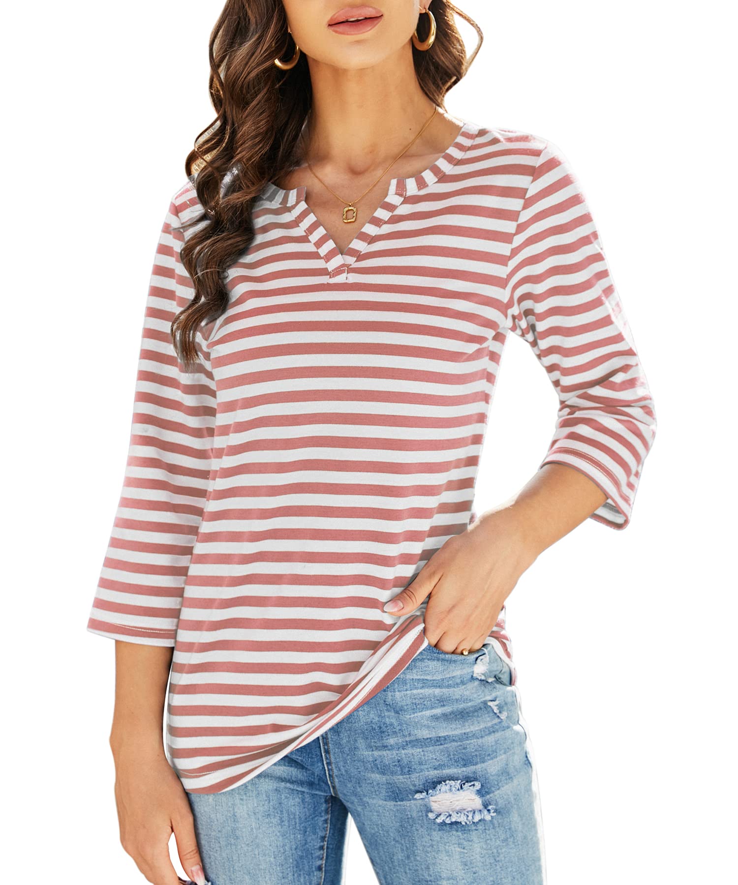 Hojudo Womens Soft V Neck 3 4 Sleeve Tunic Top Striped Henley Shirts Blouses Pink-White ((Size medium))
