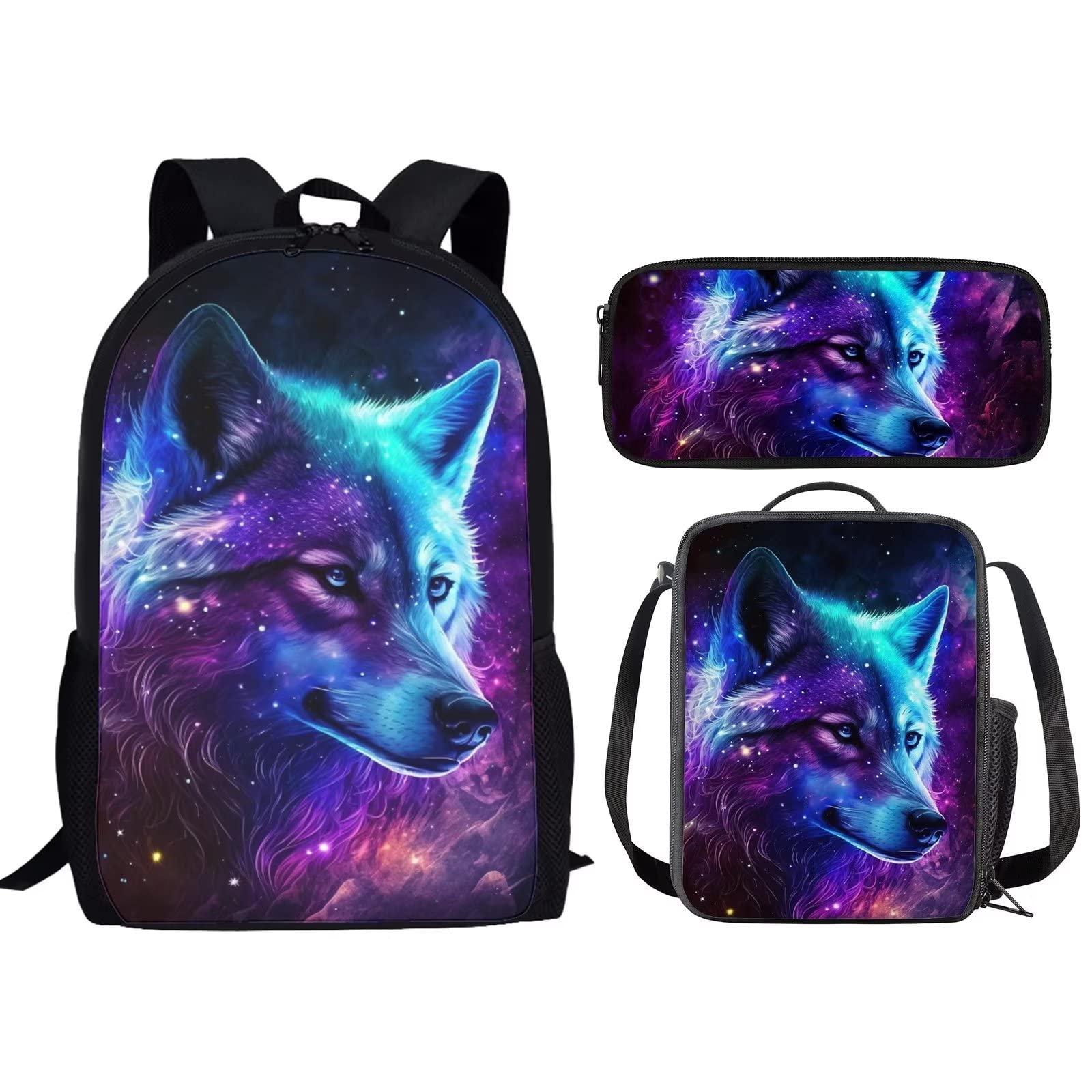 Uourmeti Cool Wolf Backpack for Boys Middle School Bag and Lunch Bag 3 Pack Insulated Lunch Box for Kids Pencil Case Set Bookbag for Elementary School
