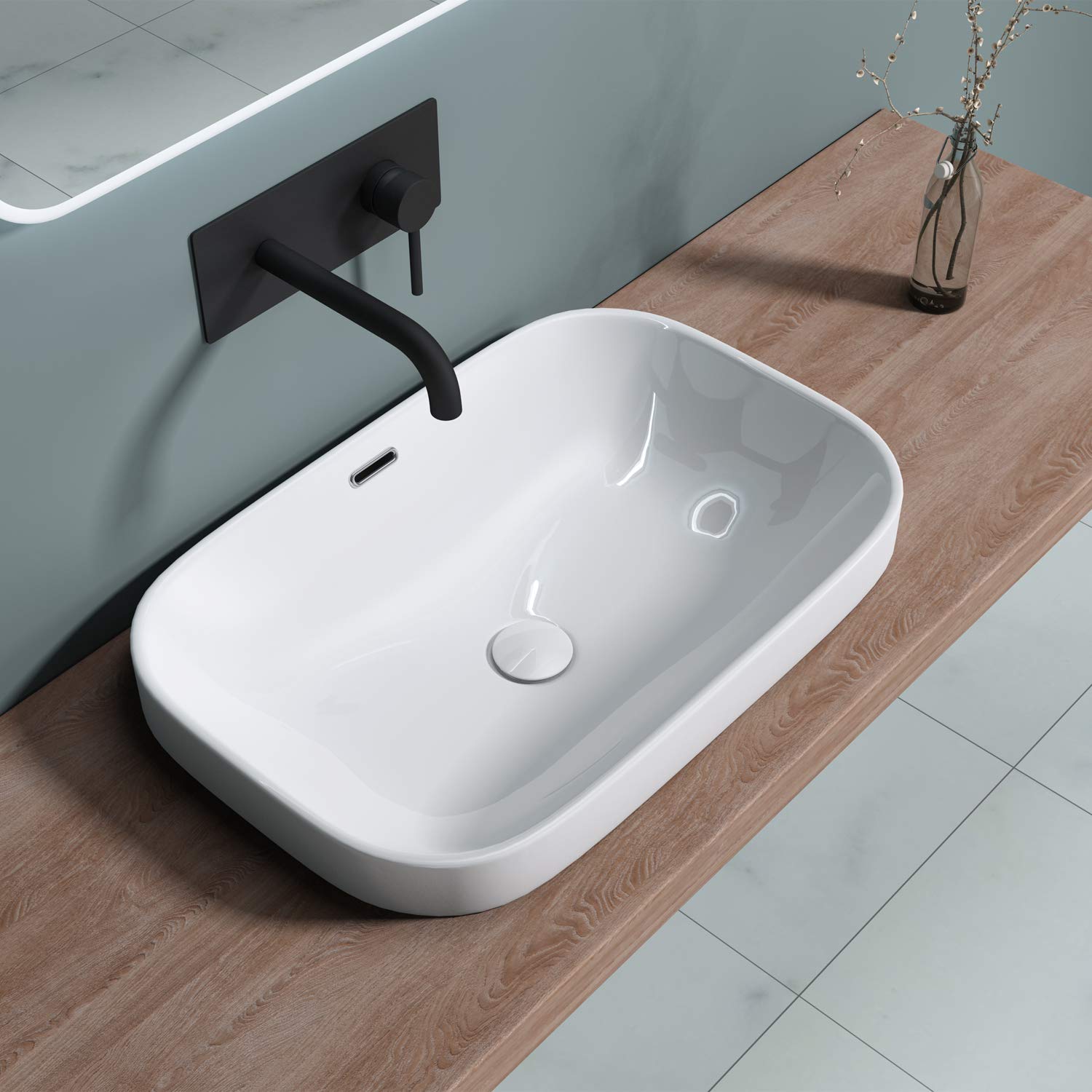 Db Durovin Bathrooms Glossy White Durovin Bathrooms Semi Recessed Ceramic Basin - Self Rimming Inset Sink - Curved Rectangular With Overflow Slot - 610 X 405Mm (Wxd)