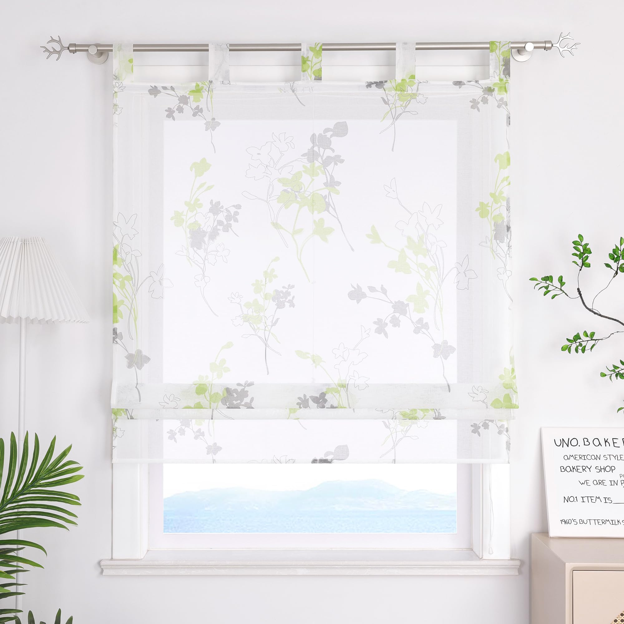ESLIR Raffrollo mit Schlaufen Landhausstil Raffgardinen in Leinenoptik Transparent Bändchenrollo für Fenster Weiß Schlaufenrollo Wohnzimmer Grün BxH 140x140 cm 1 Stück