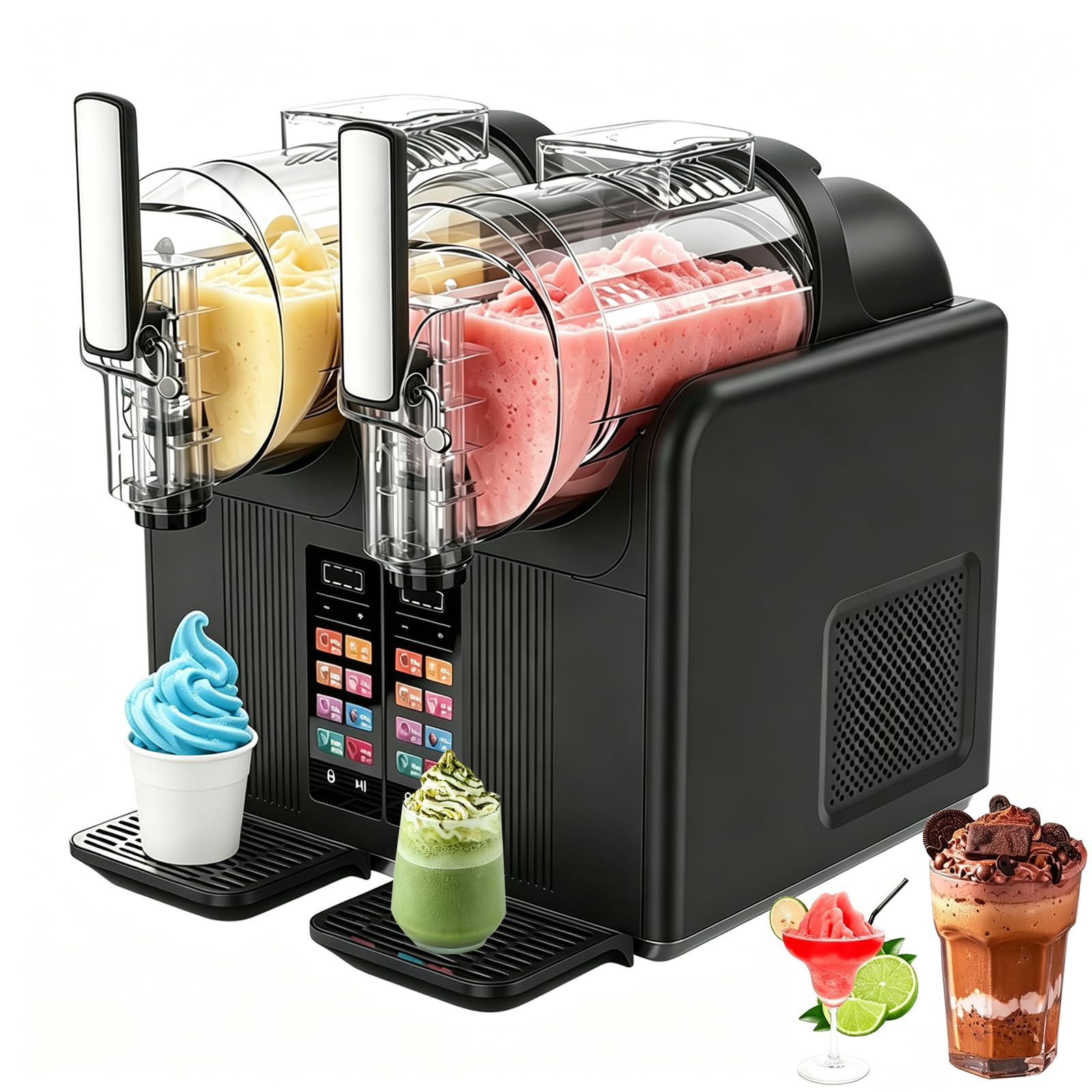 Frullatore 2 in 1, Gelatiera Soft Serve da 380W, Grande capacità 2L*2, 7 Programmi Preimpostati, Display A LED, Pulizia Automatica, Adatto per Frappè, Frullati, Gelato Black
