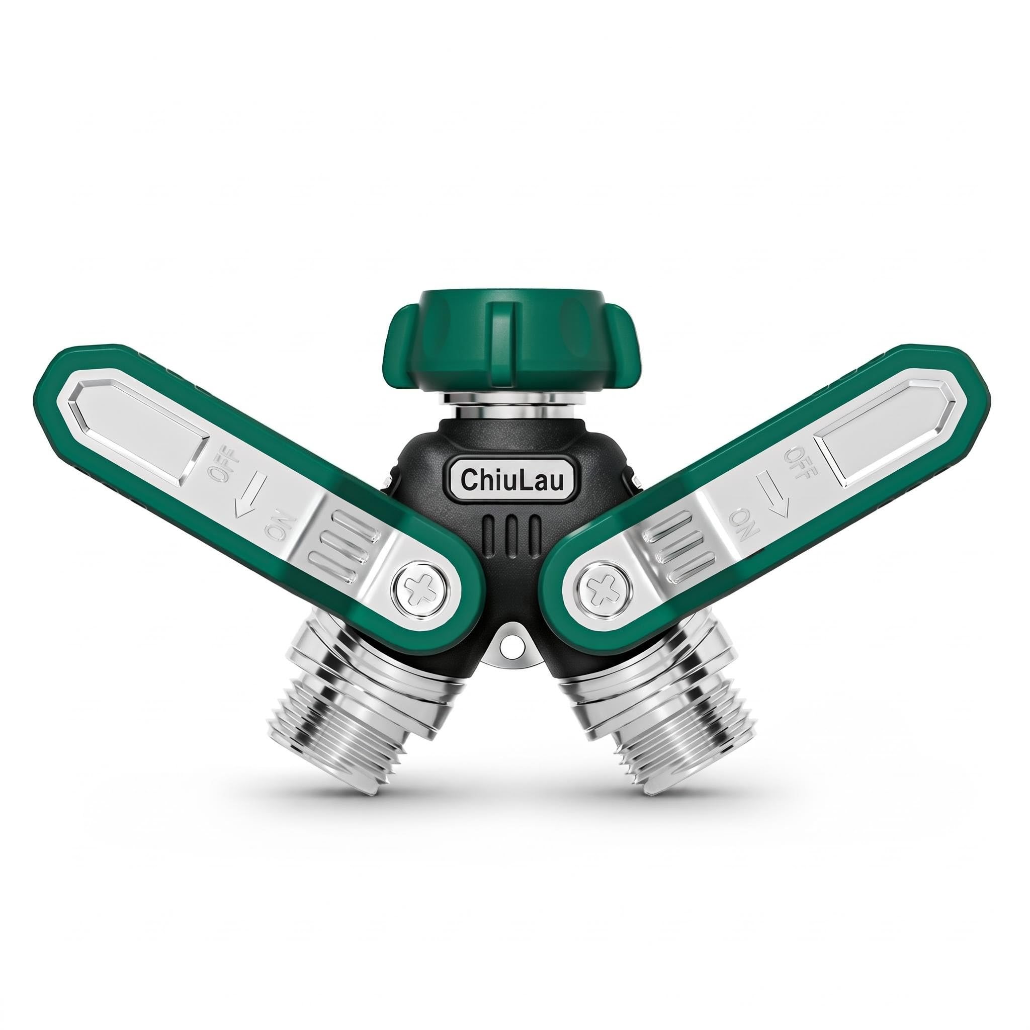 ChiuLau 2 Way Garden Hose Splitter, Large Flow Tap Splitter, Heavy Duty Zinc Alloy Y Tap Connector, External Tap Adapter with 3.68 inch Extra Long Metal Handle and Independent Valve - Green