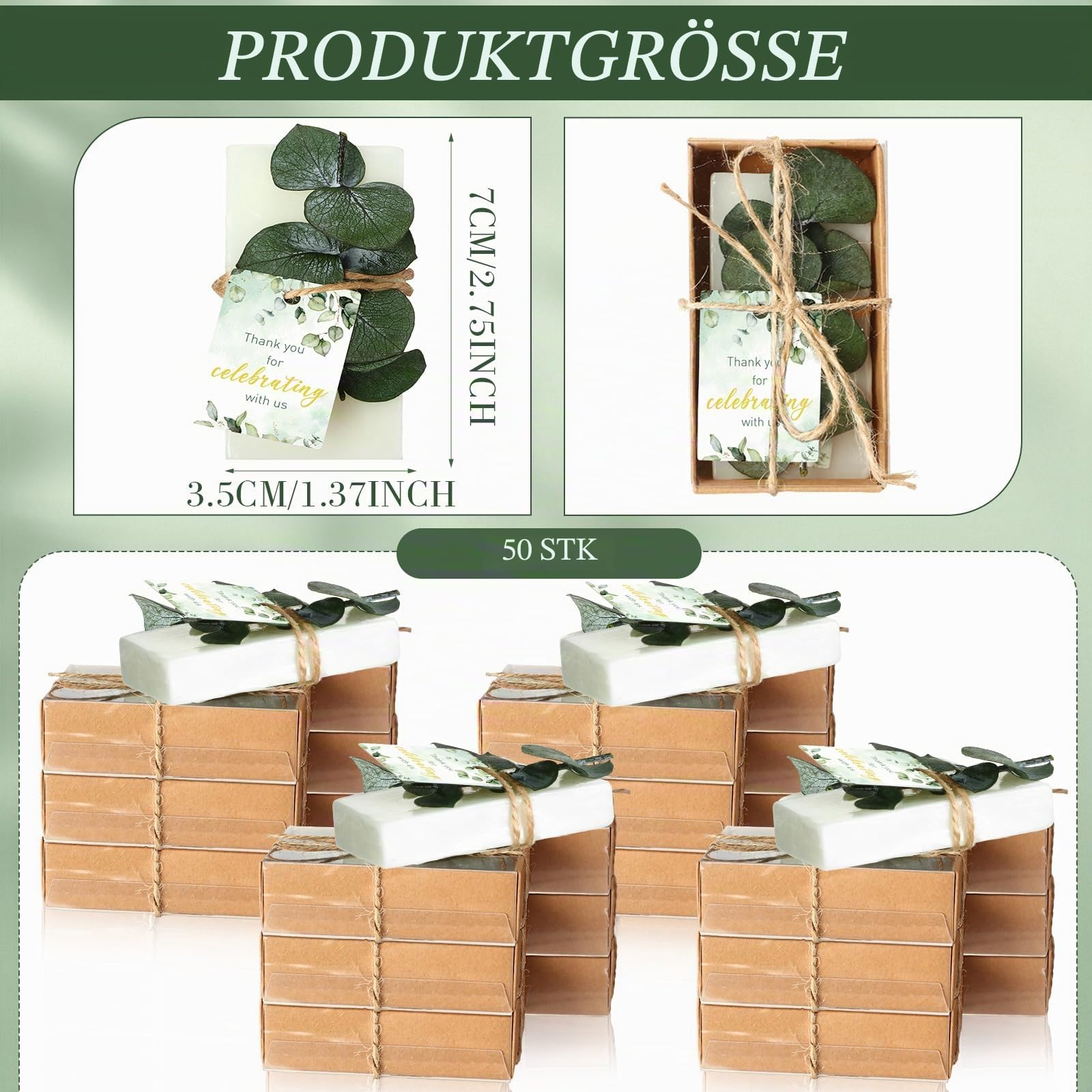 50 Sets Mini-Eukalyptus-Seifen, handgefertigte Seifen, Hochzeitsseife, Partygeschenke, Babyparty-Geschenke für Gäste, mit Dankeskarten, Box für Brautparty, Hochzeit