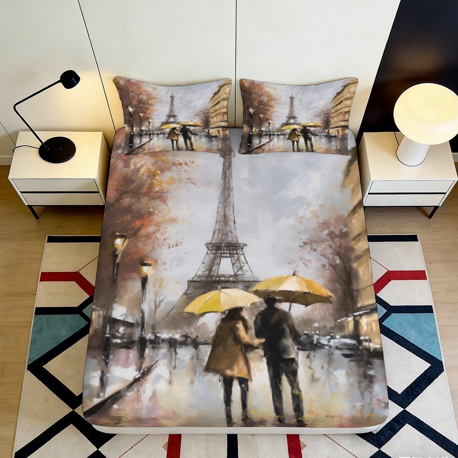 3D Printed Paris Street Eiffel Tower Fitted Sheet Microfiber Artistic Autumn Mattress Cover for Bedroom Dorm Decor 90x200x25cm