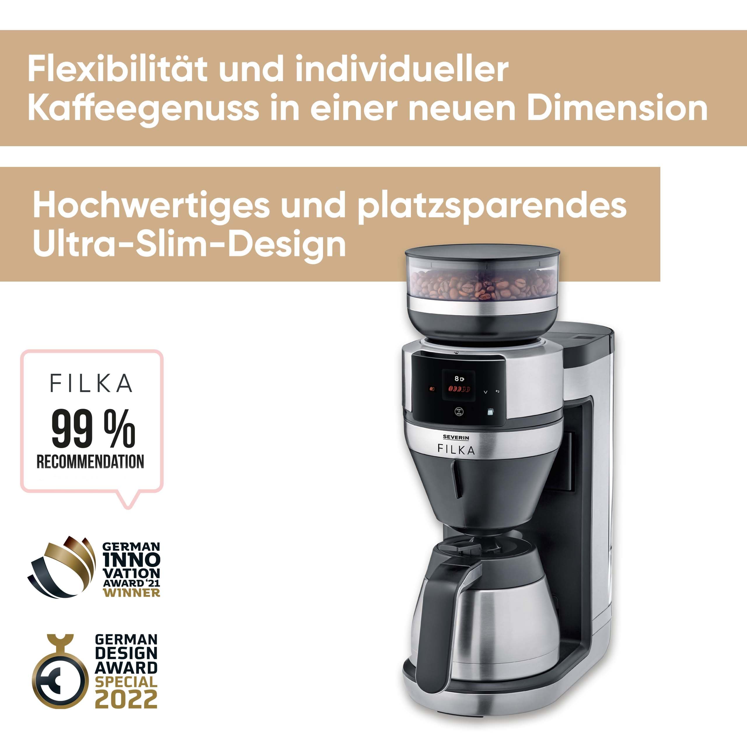 Severin Vollautomat für Filterkaffee, Mahlwerk, 5 Kaffeestärken, 100-350ml, 5-in-1 Filterkaffeemaschine, LED-Display, Warmhaltefunktion, Thermokanne, Filka, schwarz-matt, Edelstahl, KA 4853