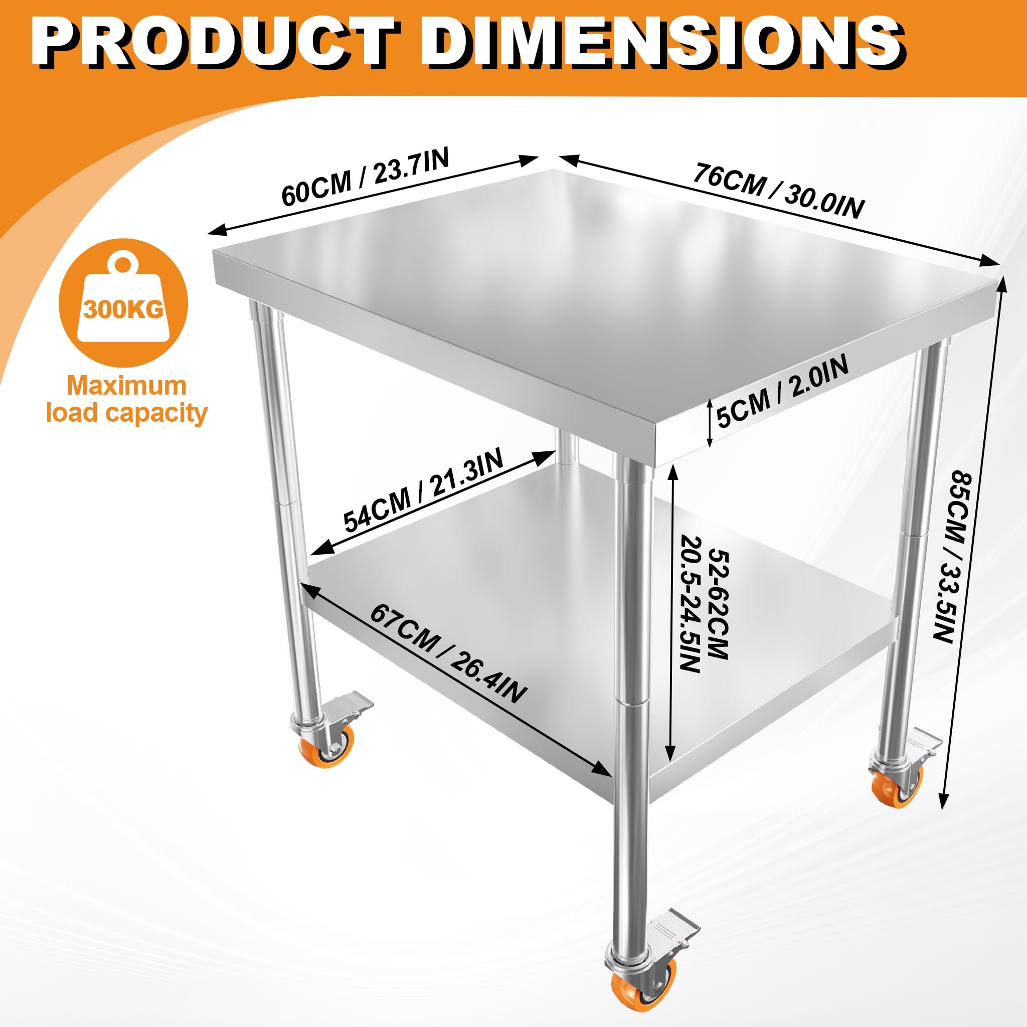 NAIZY Mesa de trabajo de acero inoxidable, 76 x 60 x 85 cm, mesa de acero inoxidable, con 4 ruedas giratorias y patas ajustables, mesa de acero inoxidable, hasta 300 kg, para exteriores, taller