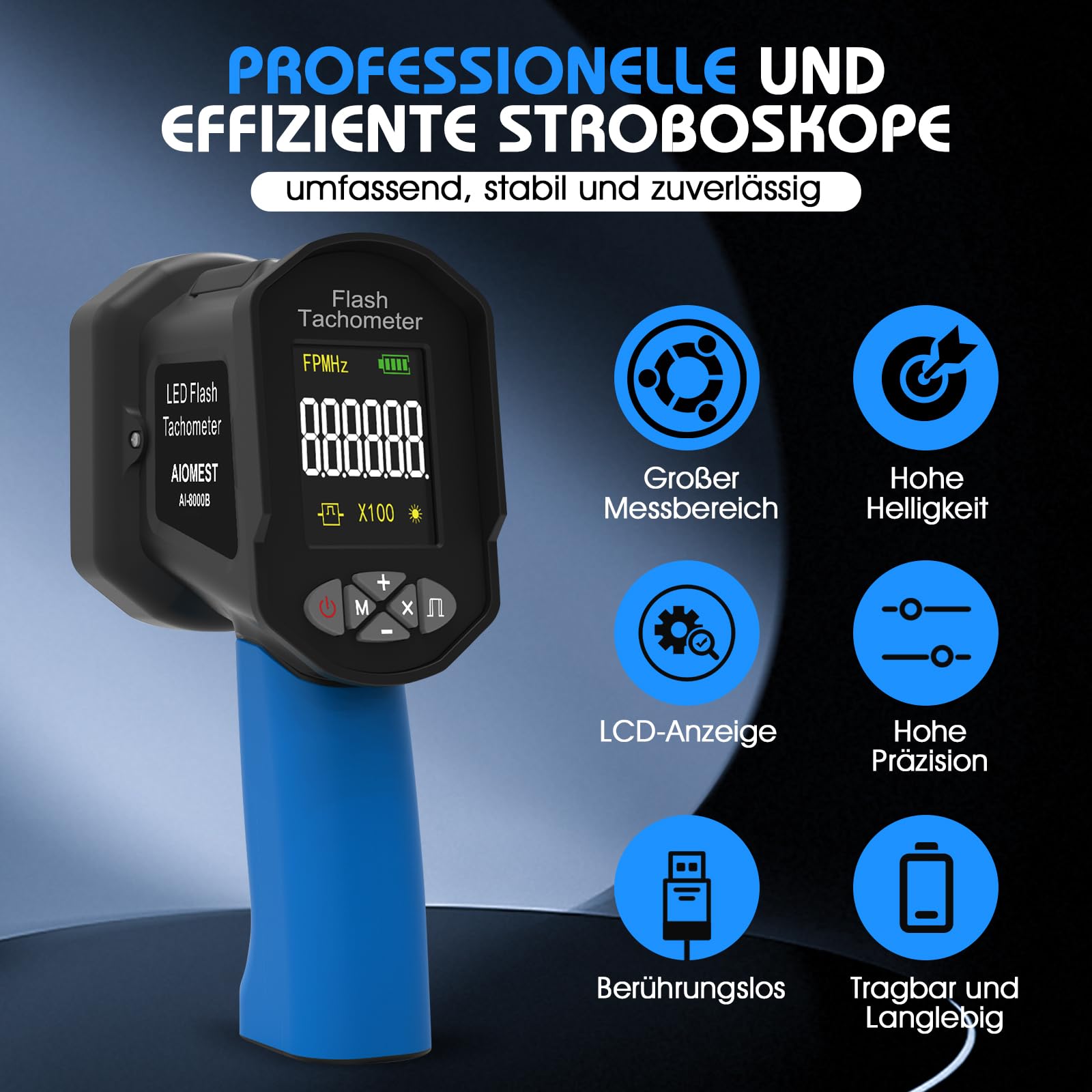 Strobotac LED Stroboscopio100.000 RPM/Hz, AIOMEST Stroboscope Digitale Tachimetro Alta Precisione 0,001% con Luce Stroboscopica Regolabile | Per Motori, Ventilatori Motore