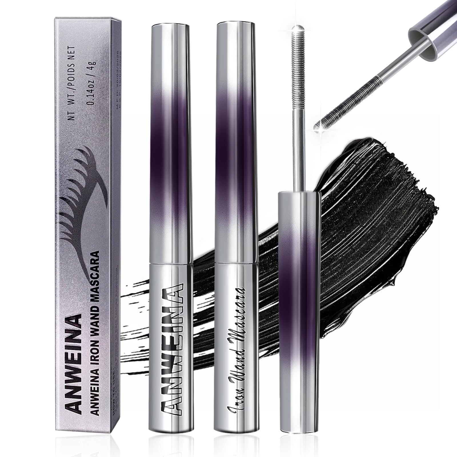 2PCS Iron Wand Mascara, 2025 New Black Washable Metal WandMascara, 3D Curling Iron Wand Fiber Lash Mascara Extension Super Volume Eyelash Non-Clumping Smudge-Proof Long Lasting Flake-Proof