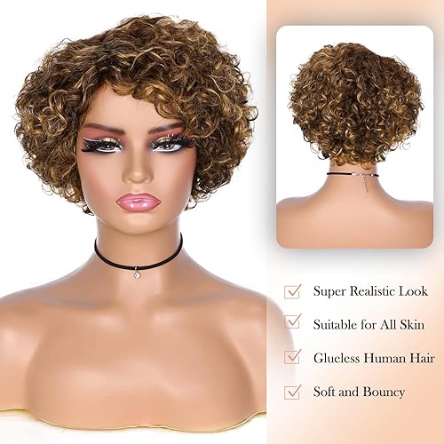 Miniatura 4 de Hanne Fashion Peluca de cabello humano corto y rizado para mujeres negras, pelucas rizadas con corte Pixie, peluca de cabello humano Remy brasileño,