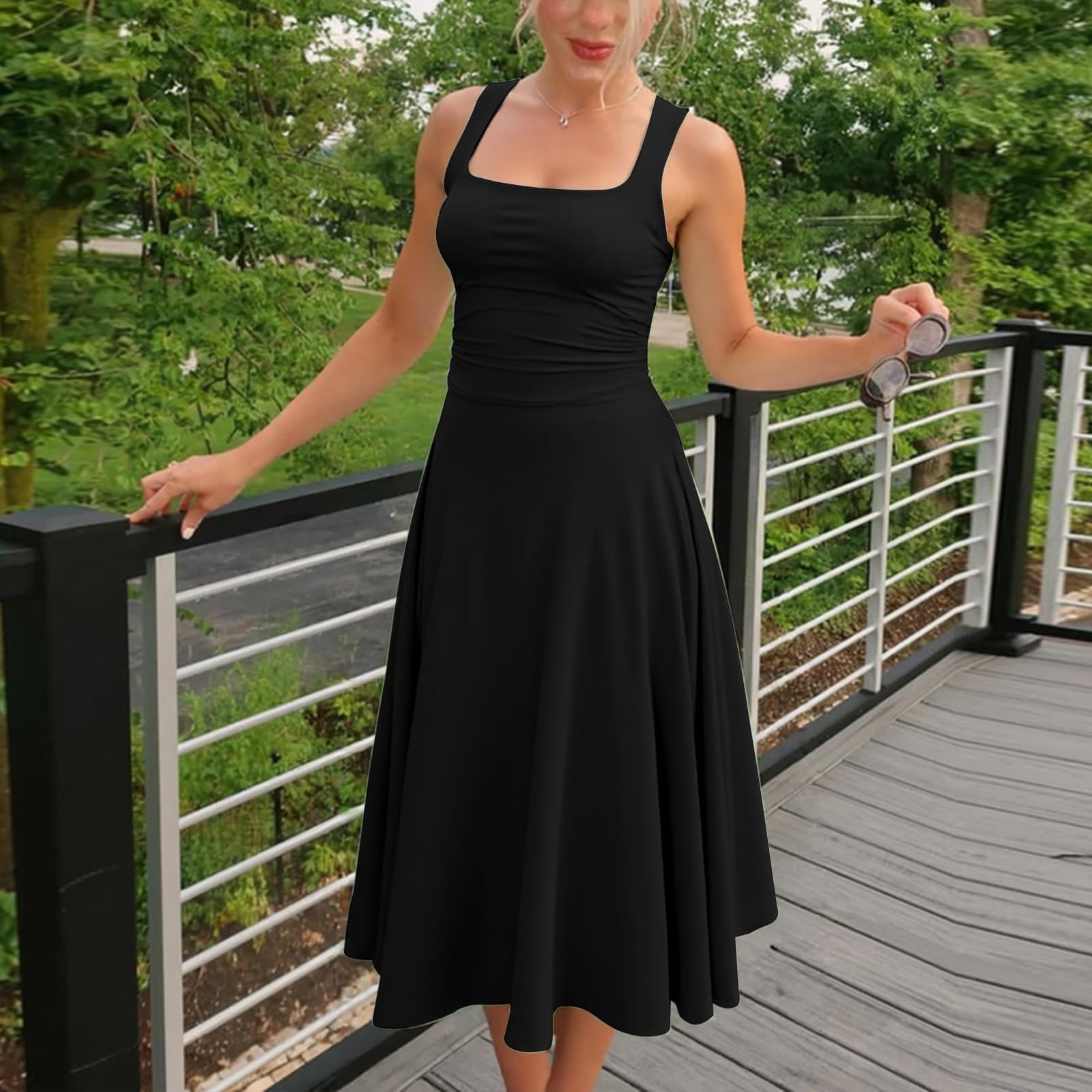 Abito Elegante Cerimonia Lungo Donna Sexy Vestito Senza Maniche Scollo Quadrato Maxi Abiti Aderente da Cocktail Linea A Swing Abito Solido Pieghe in Vita per Festa Discoteca Club Sera