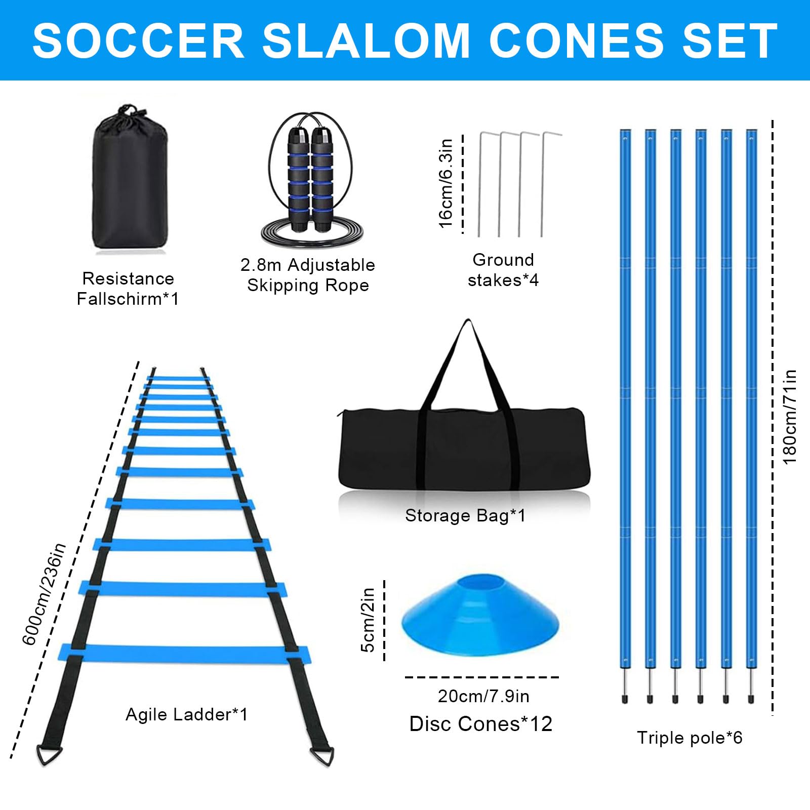 Set di accessori per allenamento da calcio, Slalom Poles 6 aste Slalom con scala di coordinazione 6 m, 12 cappelli, corda per saltare e paracadute, per allenamento di coordinazione, slalom, calcio