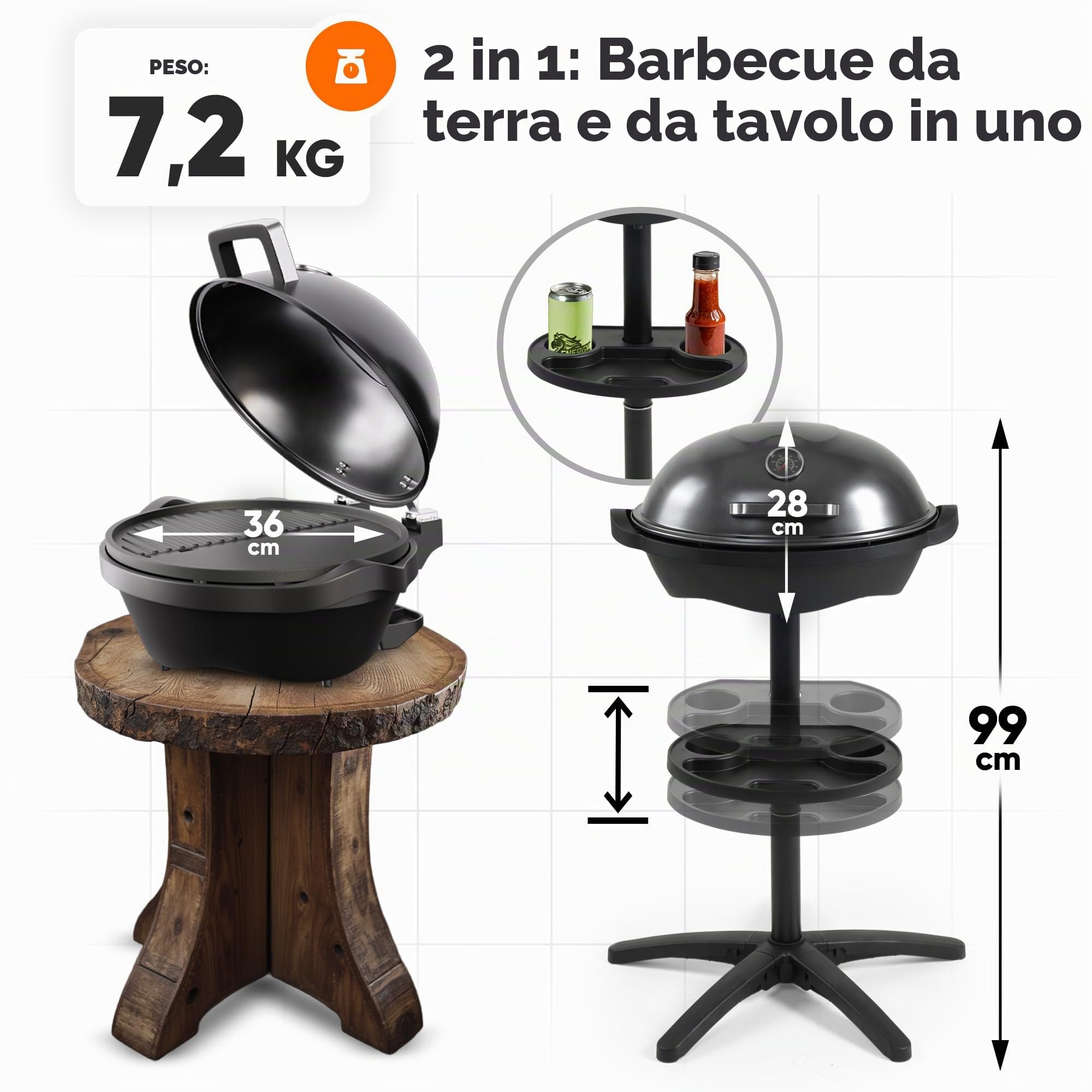 ProfiCook - Barbecue elettrico per interni ed esterni, non fumo, 2400 W, griglia elettrica per balcone, indicatore di temperatura, griglia da tavolo elettrica 2 in 1, PC BQS 1303