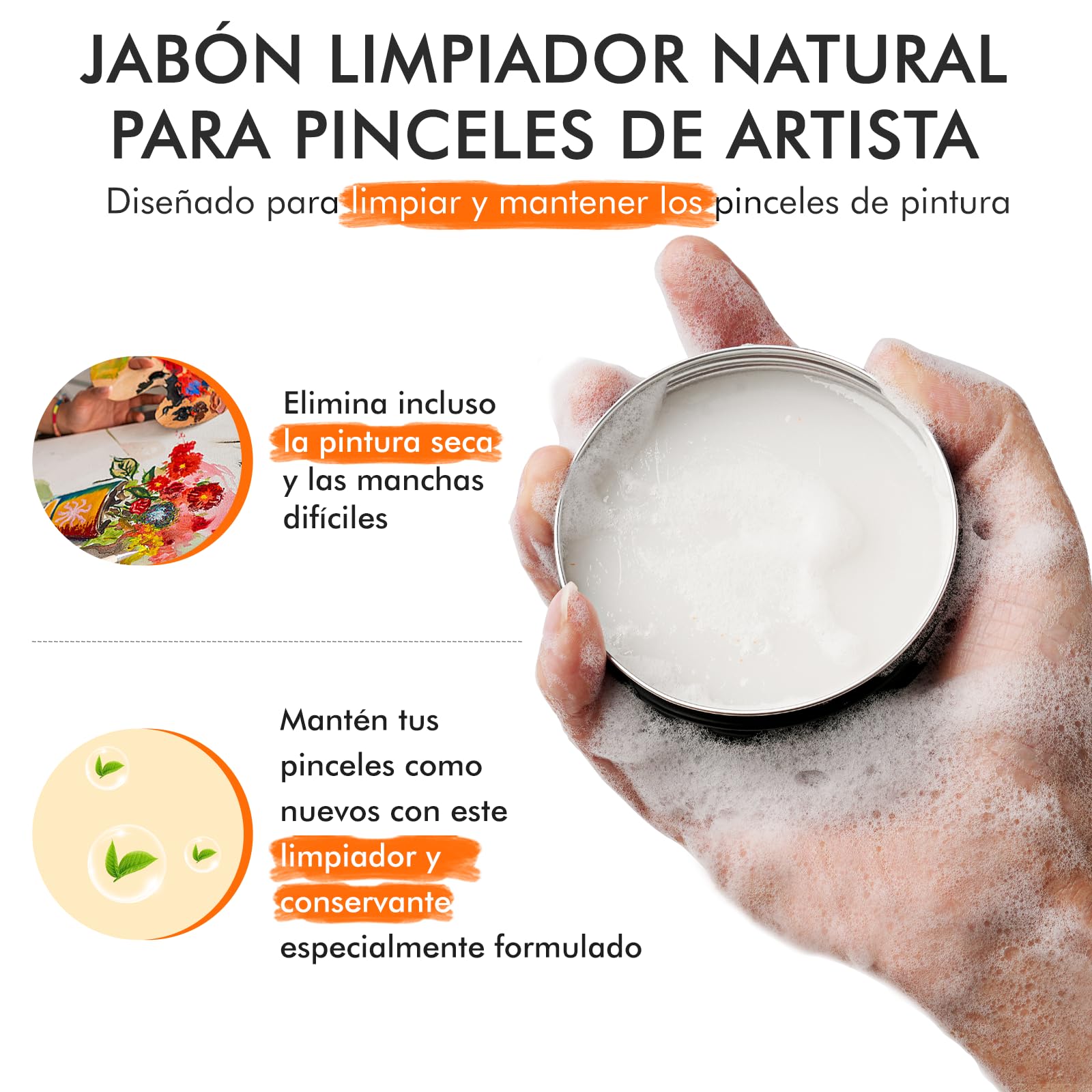 Limpiador de Pinceles para Acrílica y Acuarela – 100% 100g de Jabón Vegano con Cepillo + Alfombrilla de Limpieza, Jabón Profesional Natural para La Limpieza de Todos los Pinceles | Brush Cleaner