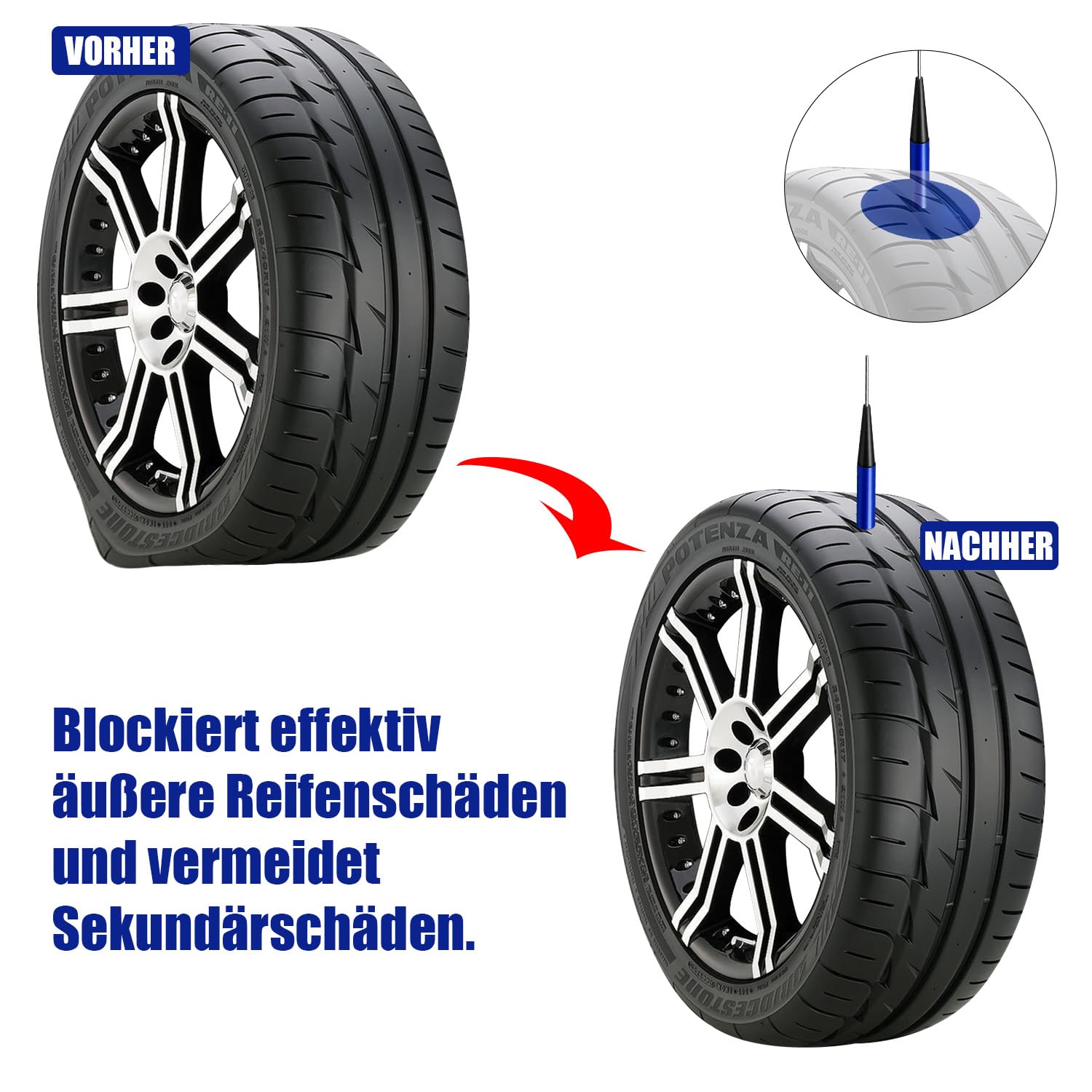 Reifen Reparatur Set mit 24 Gummistopfen, Wolfram-Schleifrad & Reifenroller inkl. 4mm Bohrer - Universelles Reifenflickzeug für Auto, LKW, Motorrad & Fahrrad
