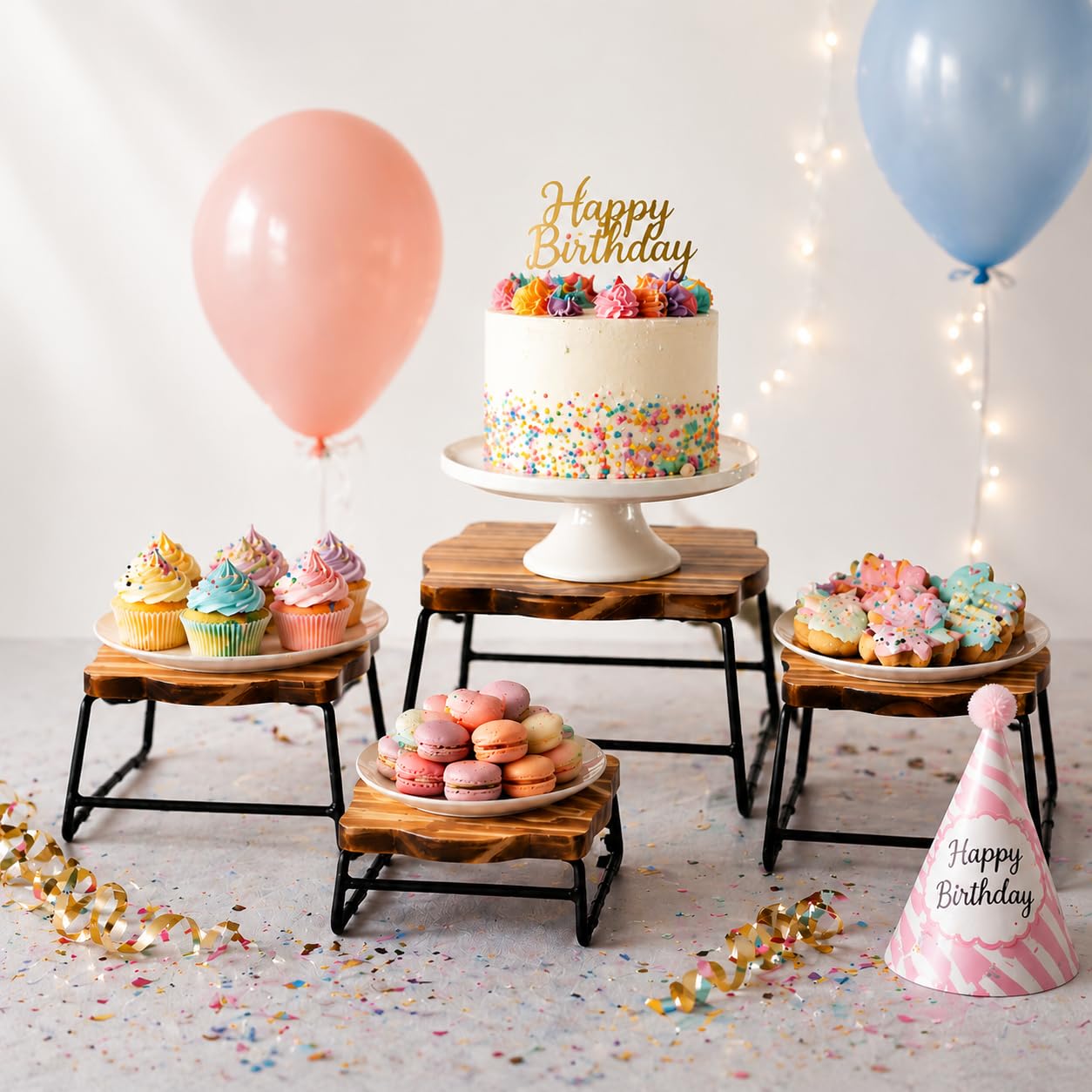 ZENFUN Lot de 4 rehausseurs de buffet en bois, rehausseurs de table à dessert, support de plat à pizza, support à cupcakes et rehausseurs en bois, plateau et support d'assiette