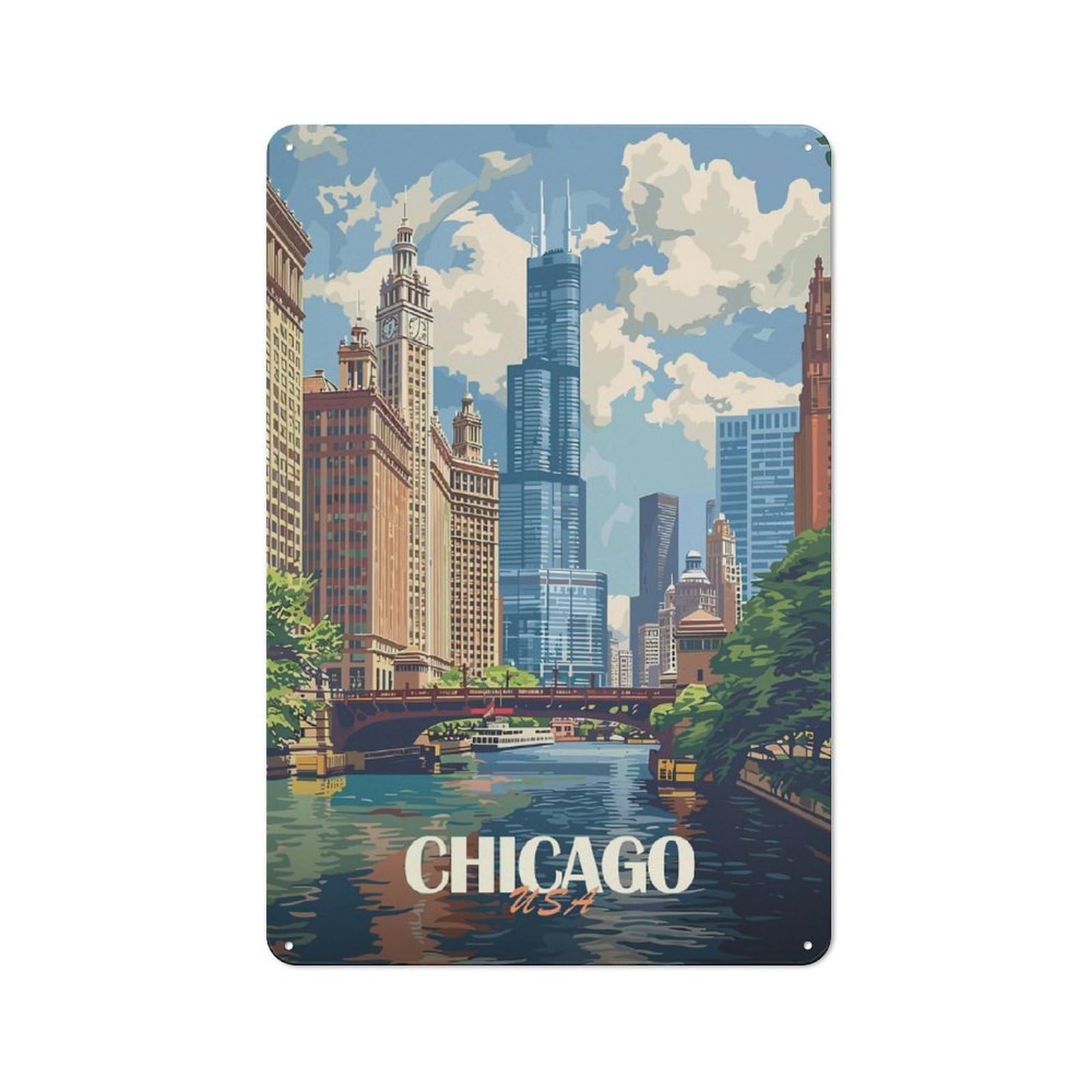 Junmoney Style-23 Casual Chicago Skyline (2) Shed Metal Sign 30X20cm, Shed Wall Decor For Greenhouse, Garden Room, Cafe Or Entryway