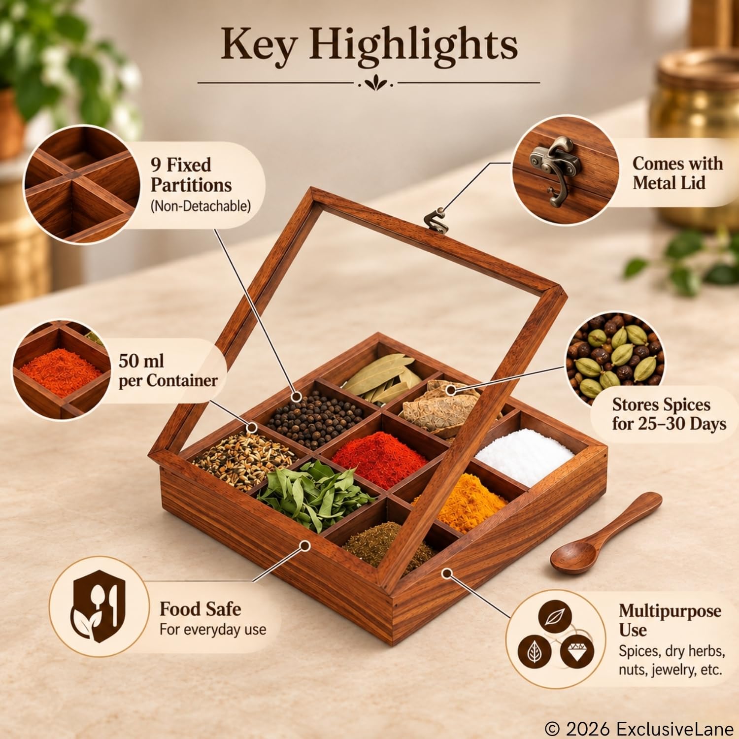 ExclusiveLane Sheesham Wooden Spice Box for Kitchen with Spoon (Non Removable Partitions, 50 ml, Brown) |Wooden Masala Box for Kitchen Dabba Dani Masala Container Spice Box Wooden Namak Masala Dani — Amazon image 4