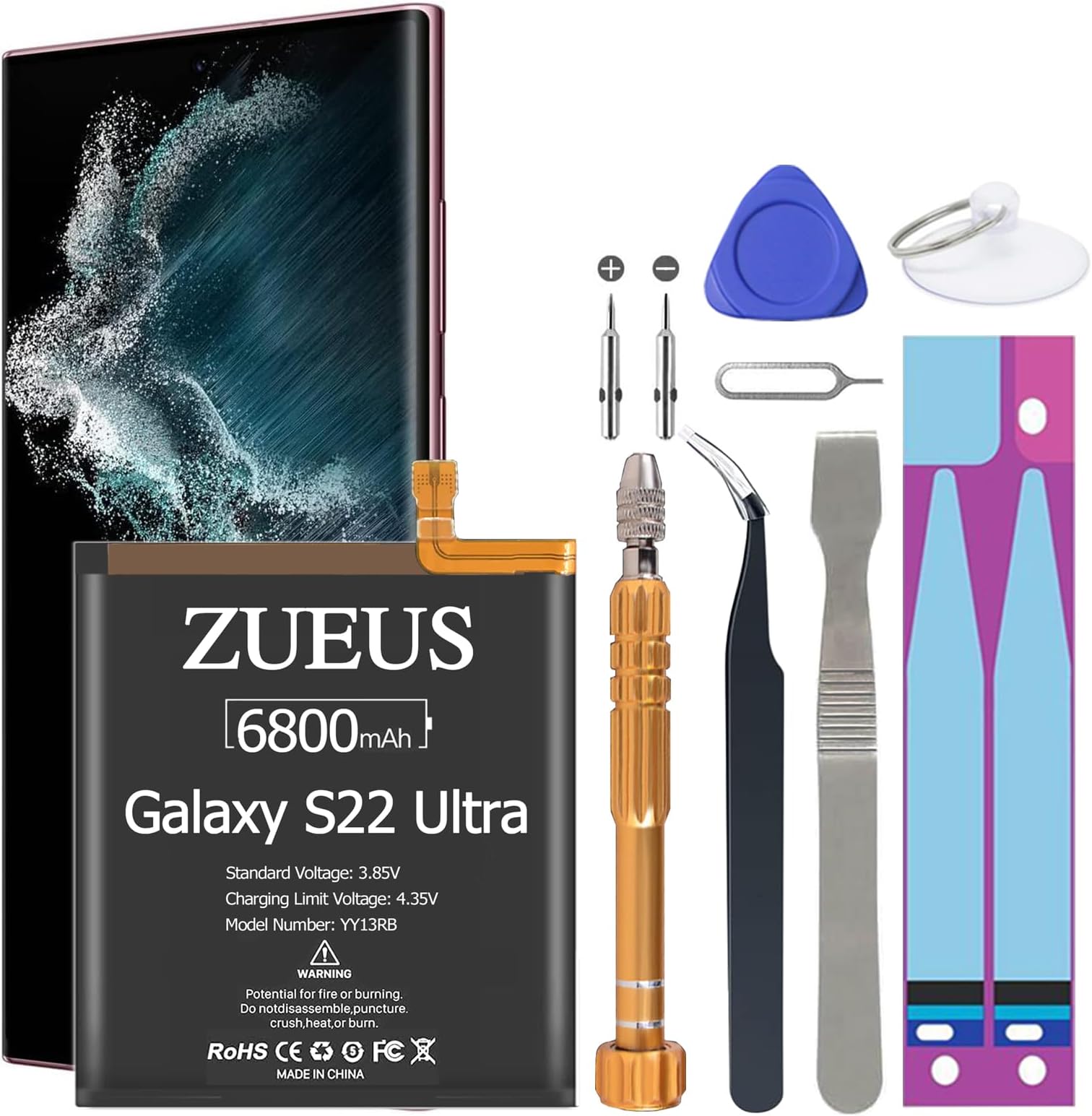 Galaxy S22 Ultra Battery ZURUN 6800mAh Li-Polymer Battery EB-BS908ABY Replacement for Galaxy S22 Ultra 5G SM-S908U with Screwdriver Tool Kit | S22 Ultra Battery Replacement Kit