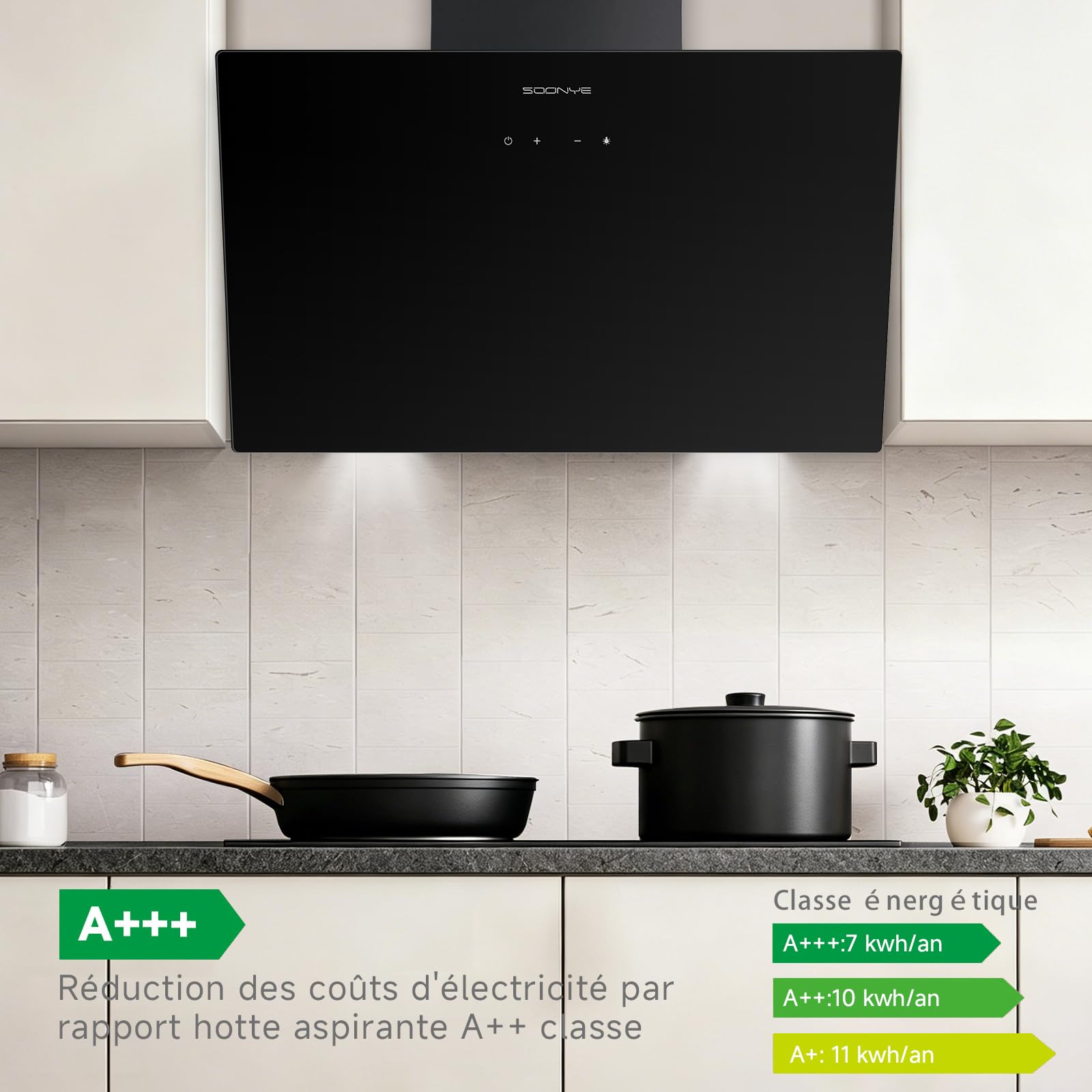 Hotte Aspirante Inclinée 60cm Classe A+++, Hotte de Cuisine 380m³/h, Écran Tactile LED,Filtres à Charbon Inclus,Hotte Murale Évacuation extérieure ou Recyclage,Noir