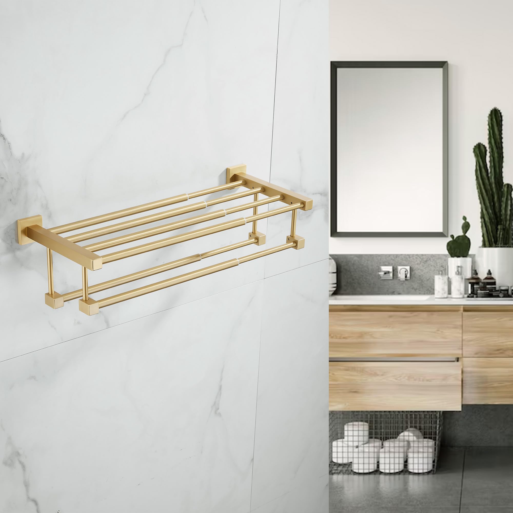 Toallero ajustable para baño, lavabo, soporte de pared con barras de toalla dobles, estante de toalla dorado cepillado mate
