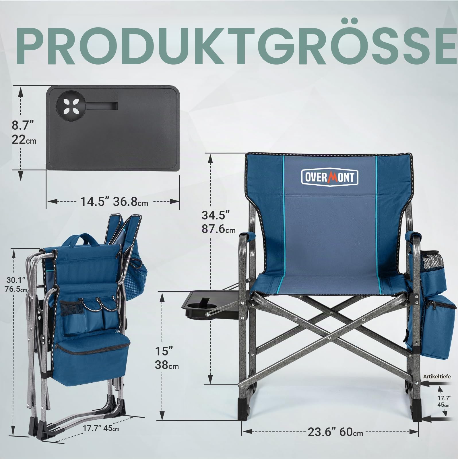 OVERMONT Campingstuhl Faltbar Regiestuhl Klappbar - bis 180 KG Belastbar - 2PCS Klappstuhl mit Seitentisch Kühltasche für Camping Angeln Festival Blaugrau