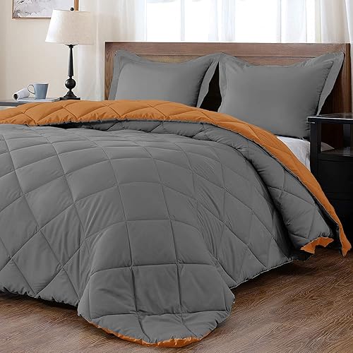 Miniatura 3 de Bedding Castle Edredón reversible de plumón alternativo, 1 pieza (naranja nacidogris, individual XL (68 x 90 pulgadas), algodón suave, 1000 Tc