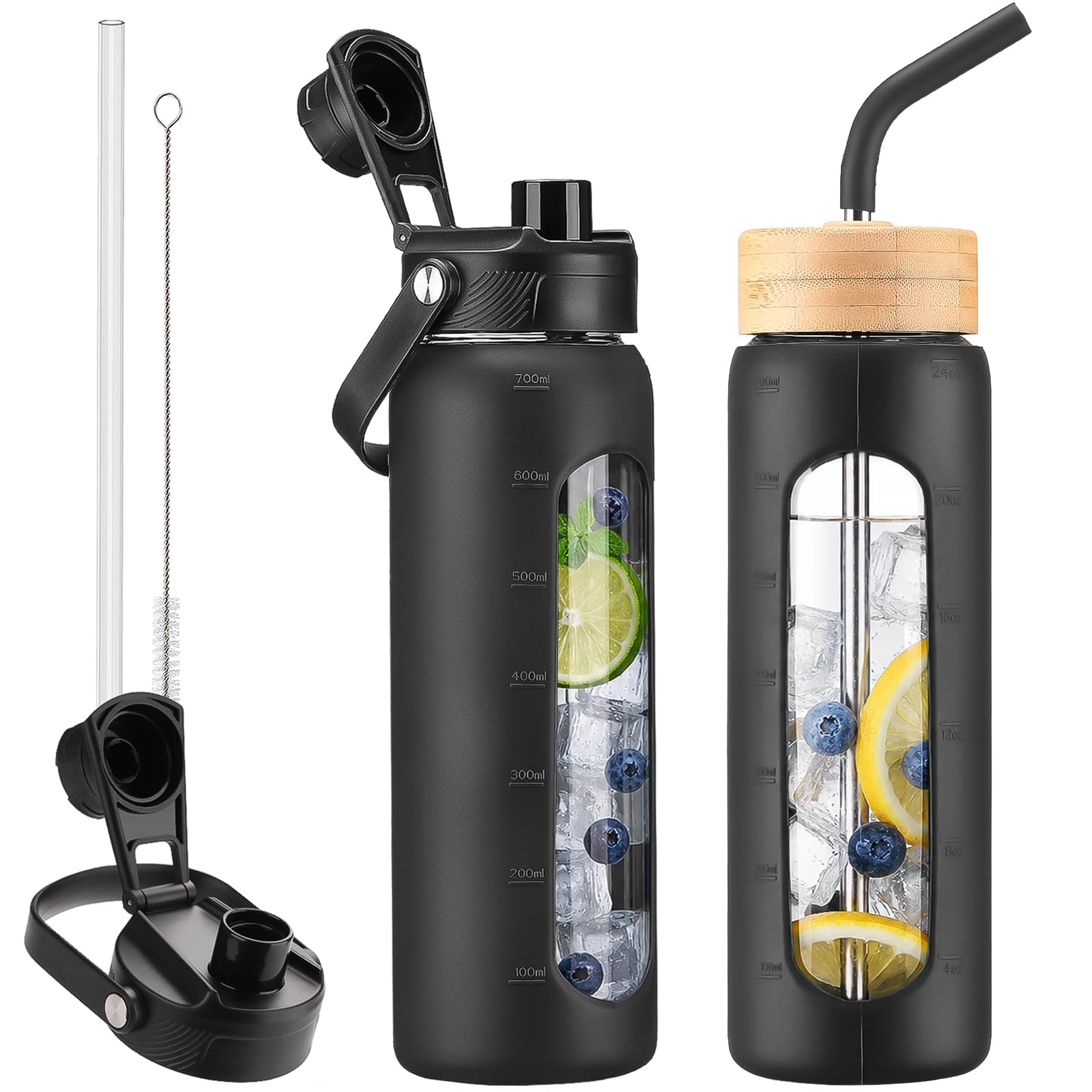 24 oz Glass Water Bottle with Straw and 2 Lids, Black