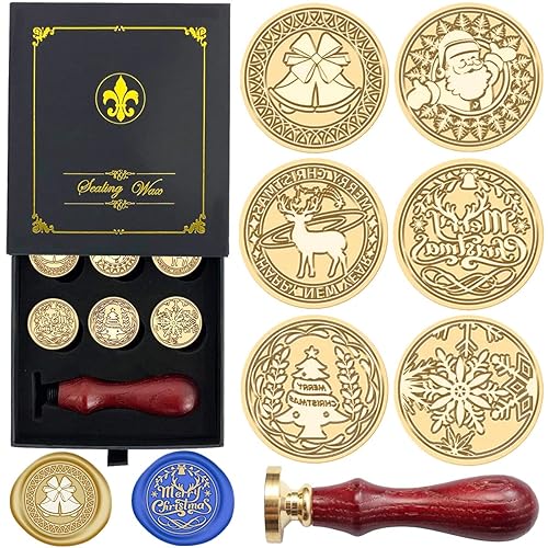 Christmas Wax Seal Stamp Hot Stamping Gift Box Set, 6 Pcs Sealing Wax Stamps Copper Seals 1 Wooden Hilt, Wax Stamp Kit for Cards Envelopes, Gift Packaging (Christmas Series) - Christmas series